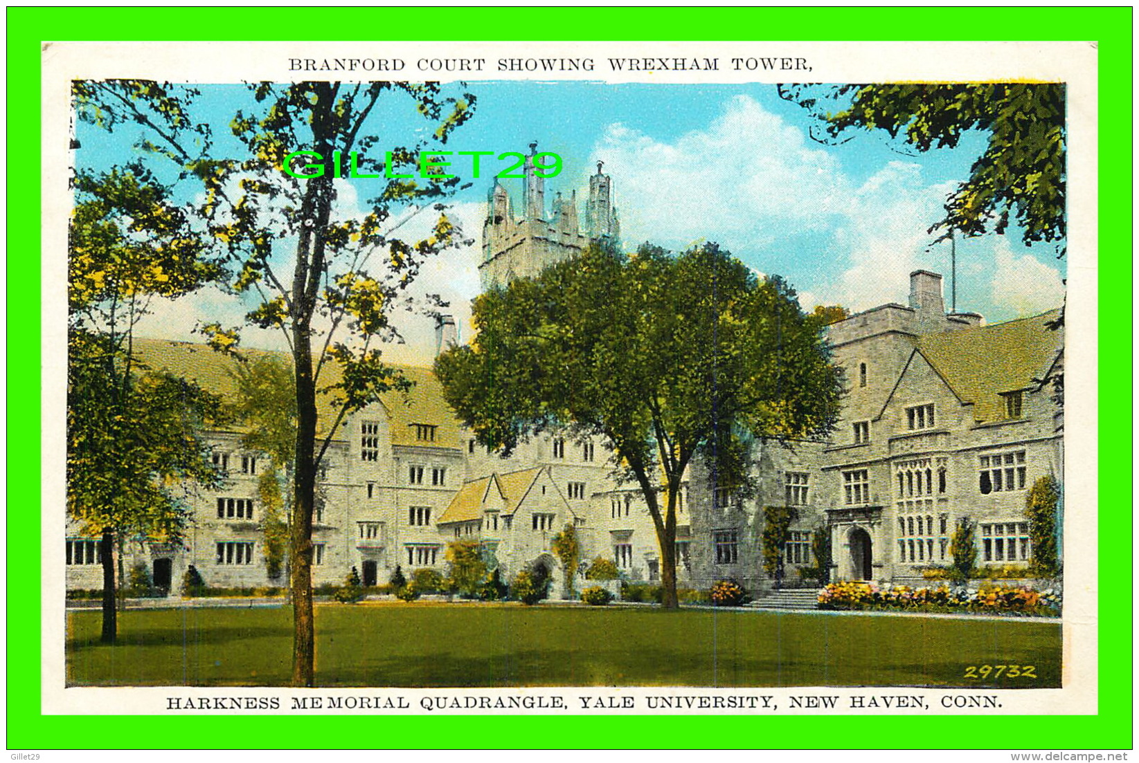 NEW HAVEN, CT - BRANFORD COURT SHOWING WREXHAM TOWER, HARKNESS MEMORIAL QUADRANGLE, YALE - WRITTEN - HAROLD HANN CO - - New Haven