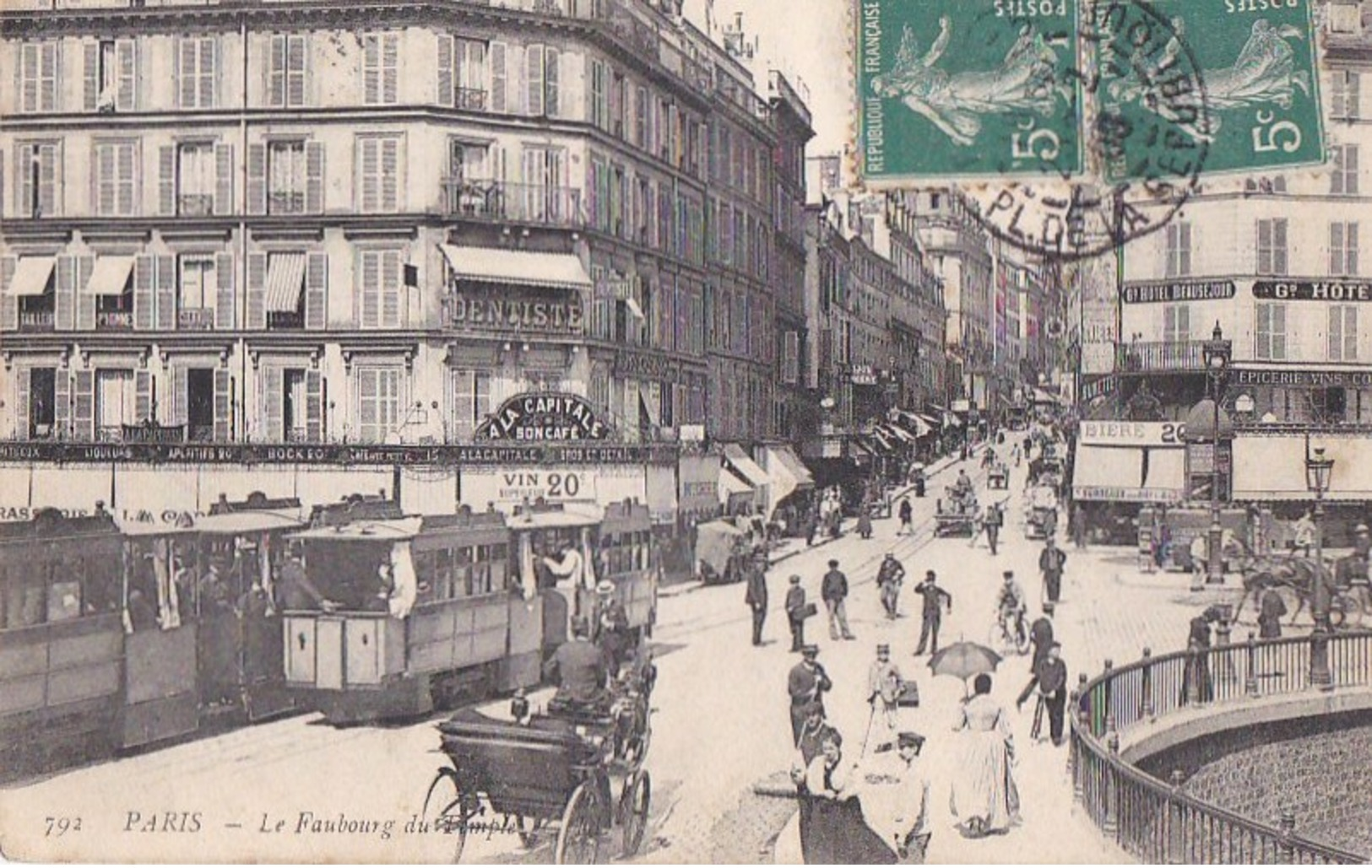 PARIS XI° Faubourg Du TEMPLE Animé FUNICULAIRE De BELLEVILLE  QUAI JEMMAPES Descente De La COURTILLE CAFE  Timbre 1908 - District 11