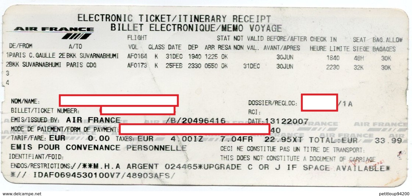 AIR FRANCE Billet Electronique Electronic Ticket - Biglietti