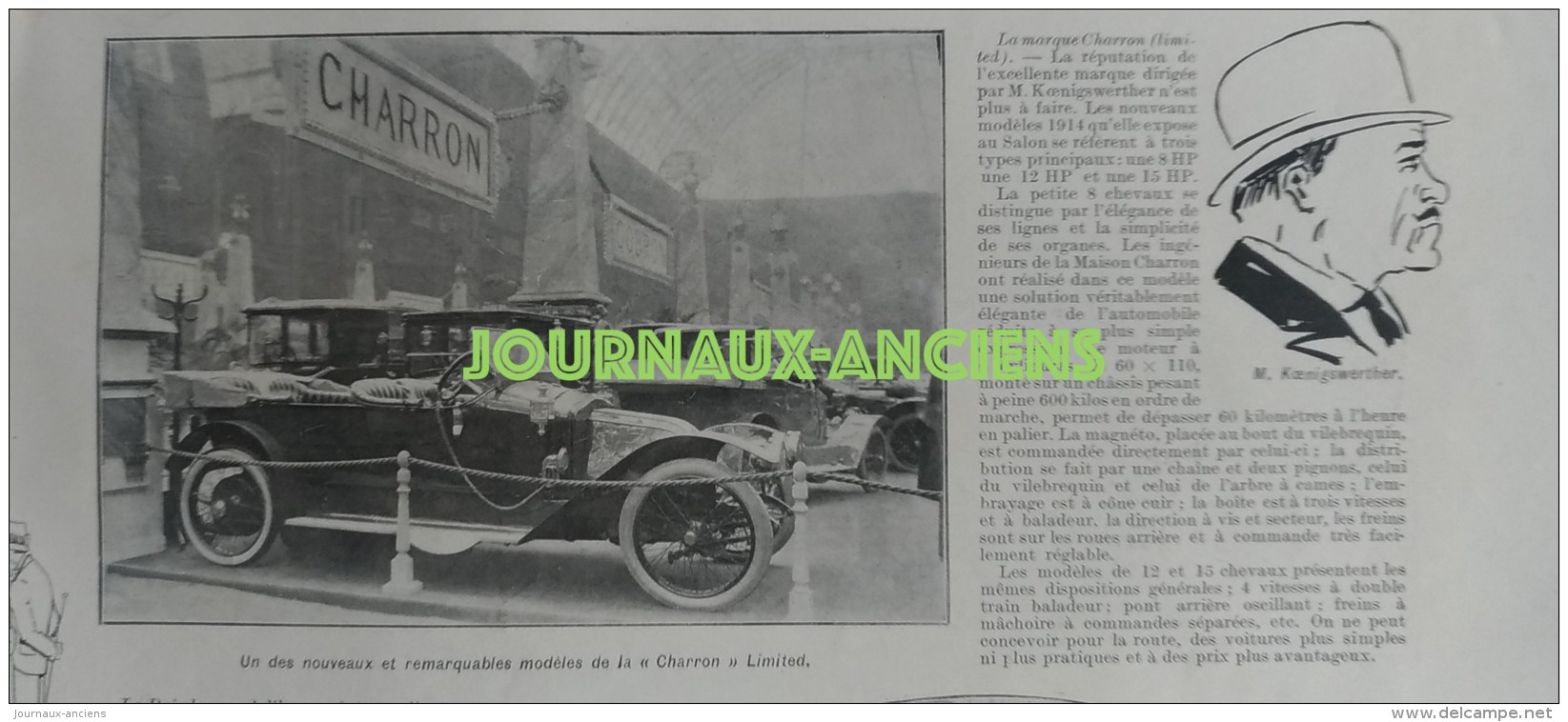 1913 SALON DE L'AUTOMOBILE - MARQUIS DE DION - DELAGE - SIGMA VICTORIEUSE À GAILLON - CHARRON - HISPANO SUIZA - AUSTIN