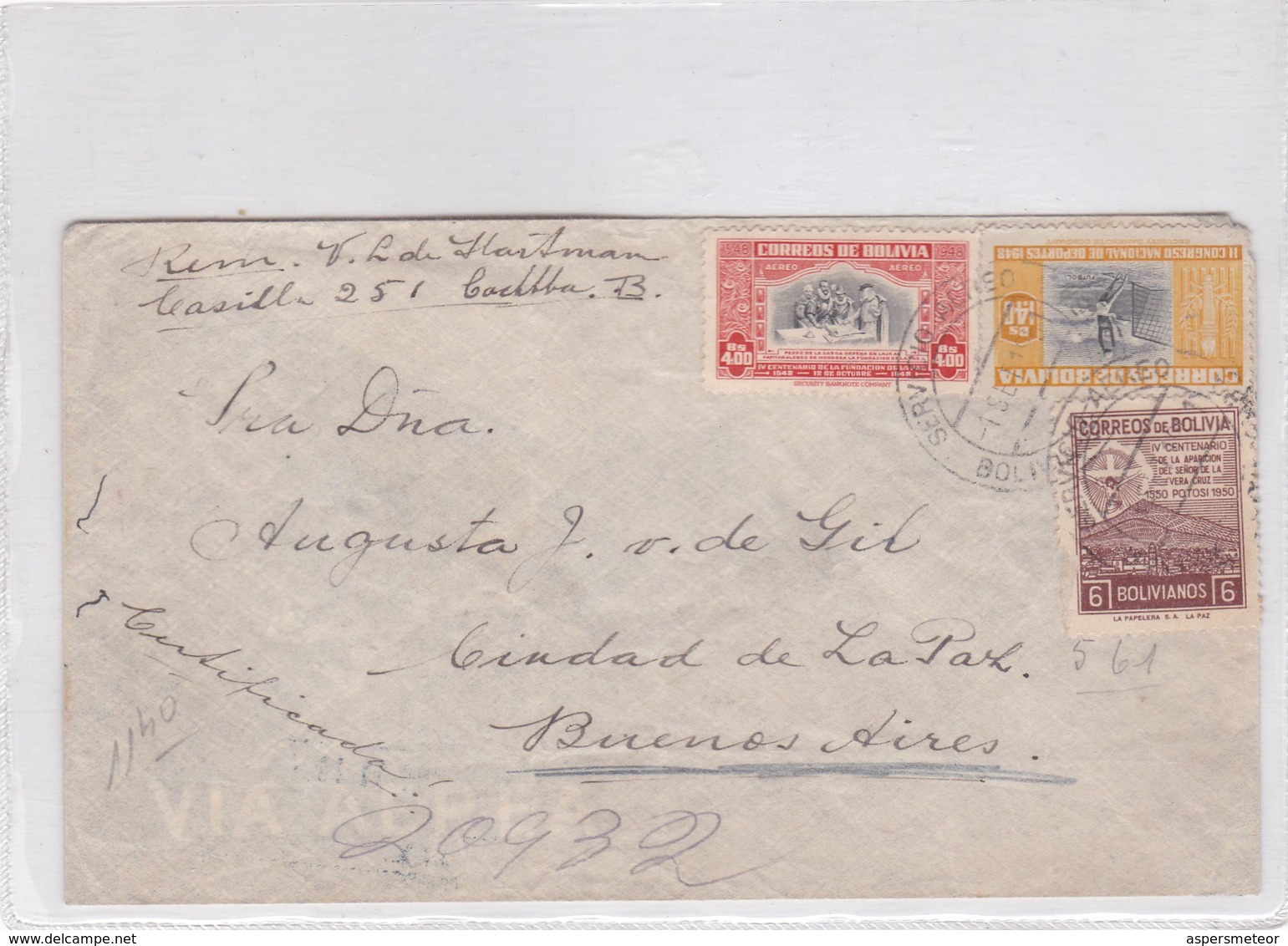 ENVELOPE CIRCULEE 1951 BOLIVIA TO ARGENTINE MIXED STAMPS  - BLEUP - Bolivië