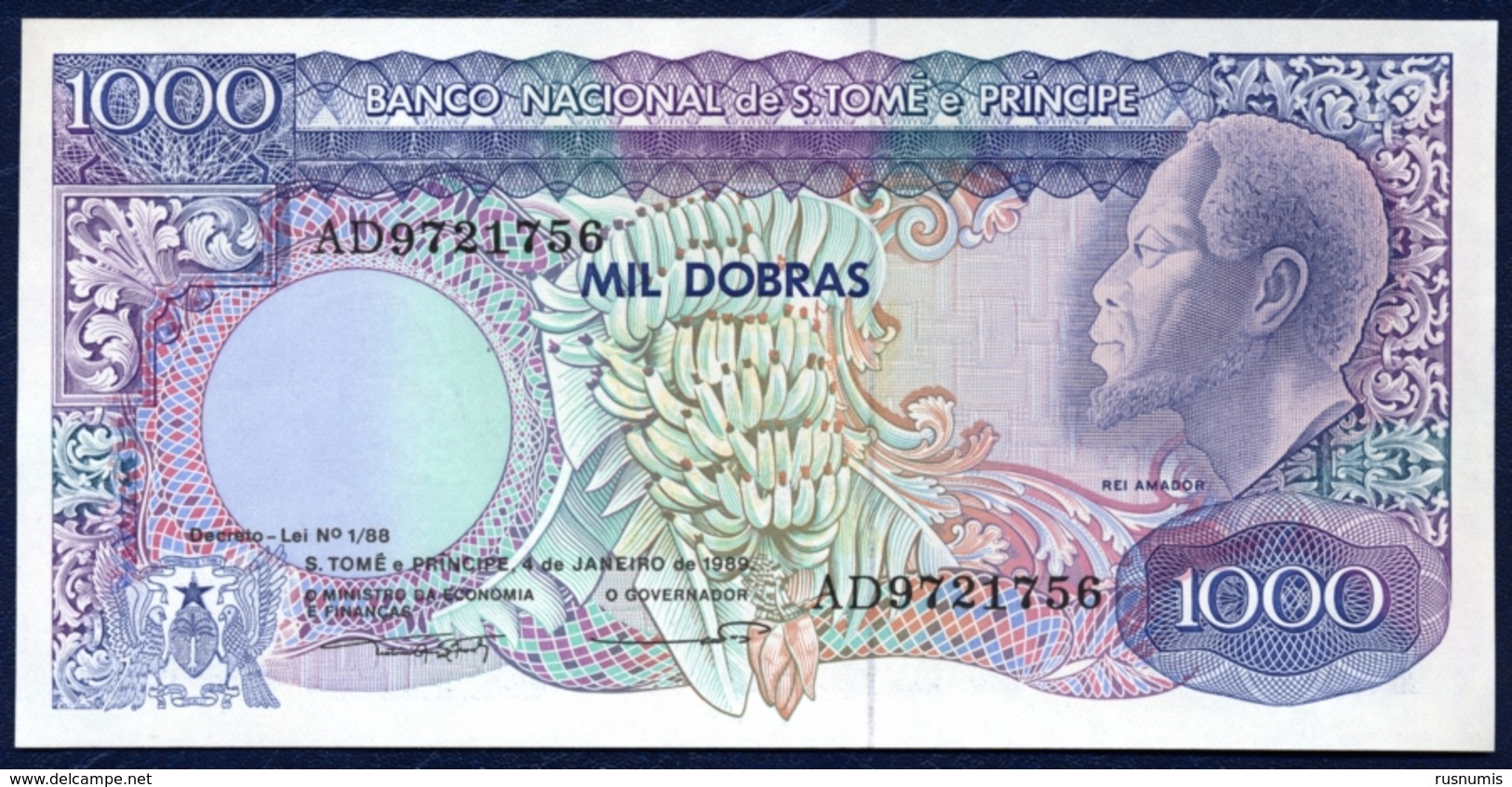 SAO SAN TOME AND PRINCIPE 1000 DOBRAS P-62 REI AMADOR BANANAS COCOA HARVEST 1989 UNC - Sao Tome And Principe