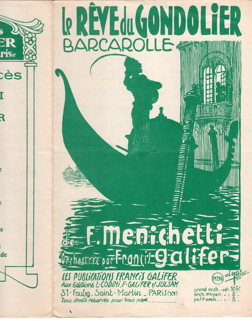 CAF CONC MARINE VENISE PARTITION LE RÊVE DU GONDOLIER MENICHETTI  1930 ILL CLÉRICE BARCAROLLE GALIFER NAVARRO PIANO - Other & Unclassified