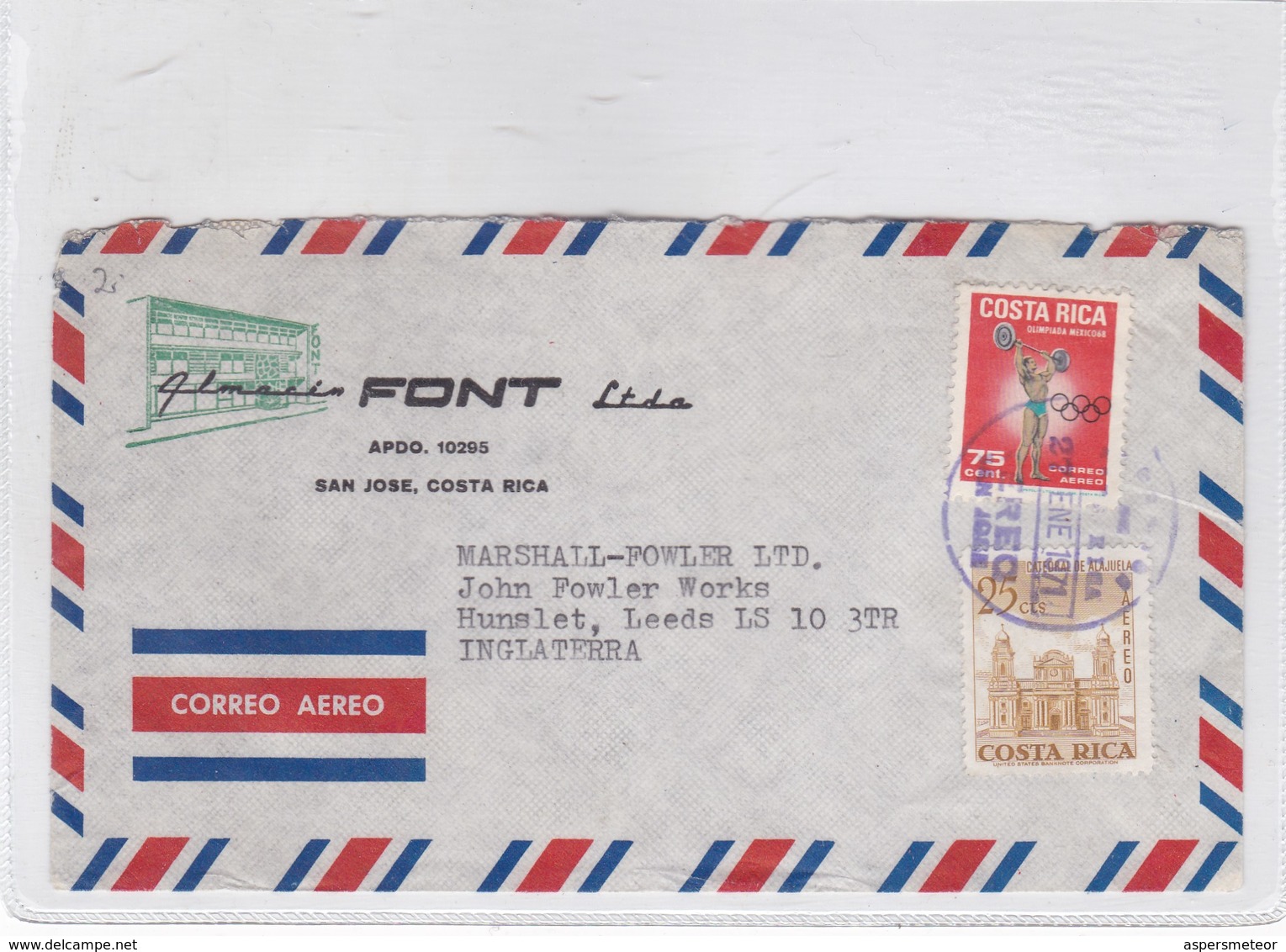 ENVELOPE AIRMAIL CIRCULEE 1971 COSTA RICA TO ENGLAND. FONT LTDA - BLEUP - Costa Rica