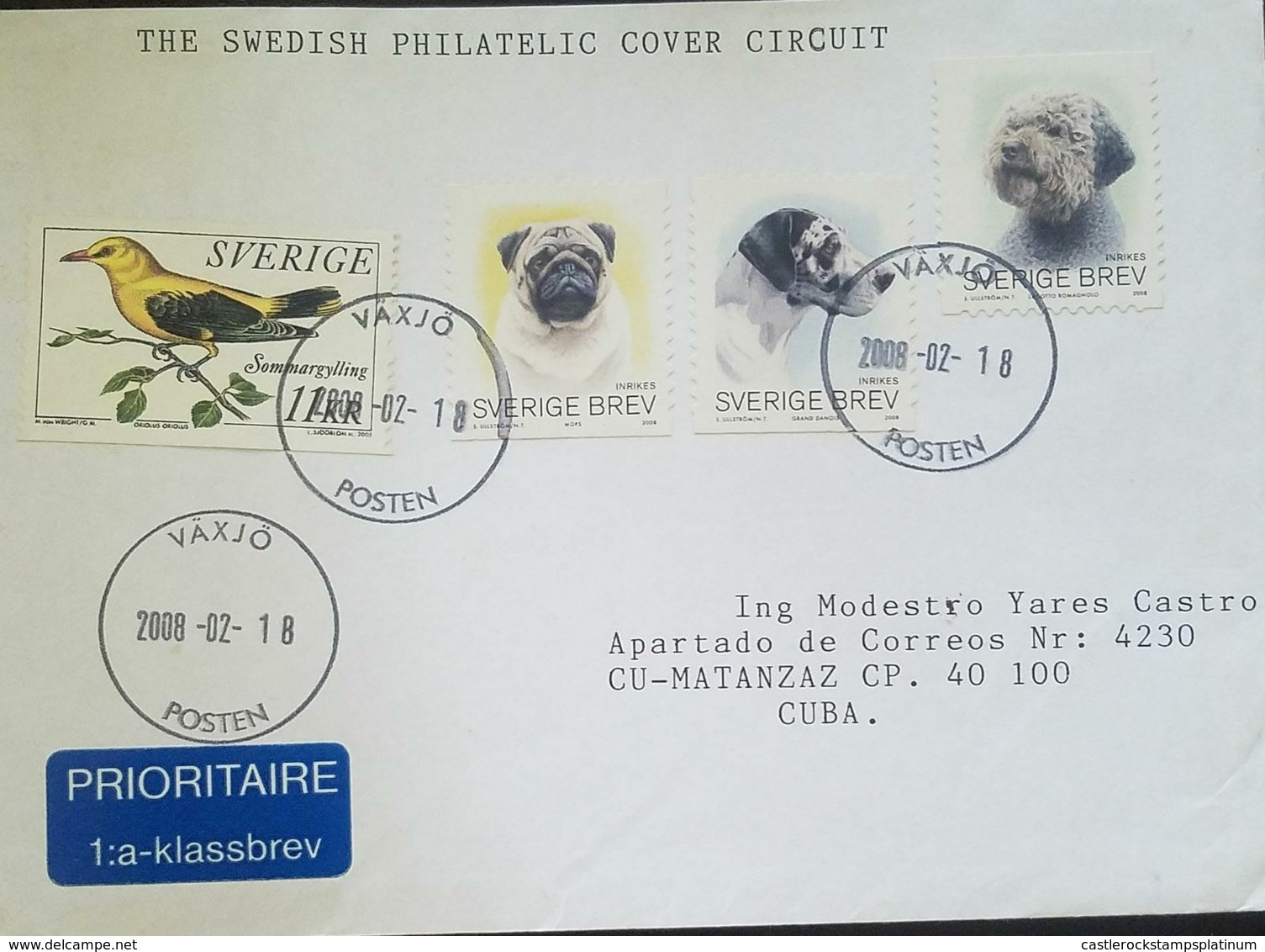 O) 2008 SWEDEN, DOG- BIRD, PHILATELIC COVER CIRCUIT, TO CARIBE - Covers & Documents