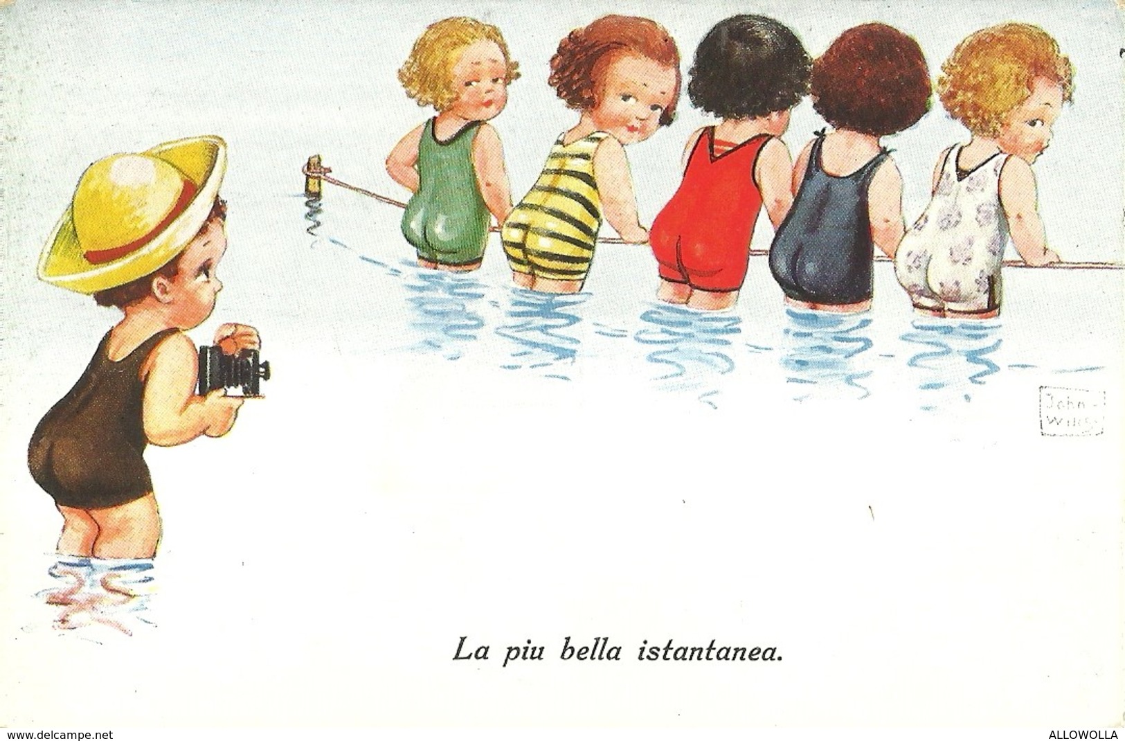 1200 "LA PIU' BELLA ISTANTANEA.-BAMBINO FOTOGRAFA 5 BAMBINE IN COSTUME DA MARE" CART. POST.  ILLUSTRATA ORIG.  NON SPED. - Wills, John