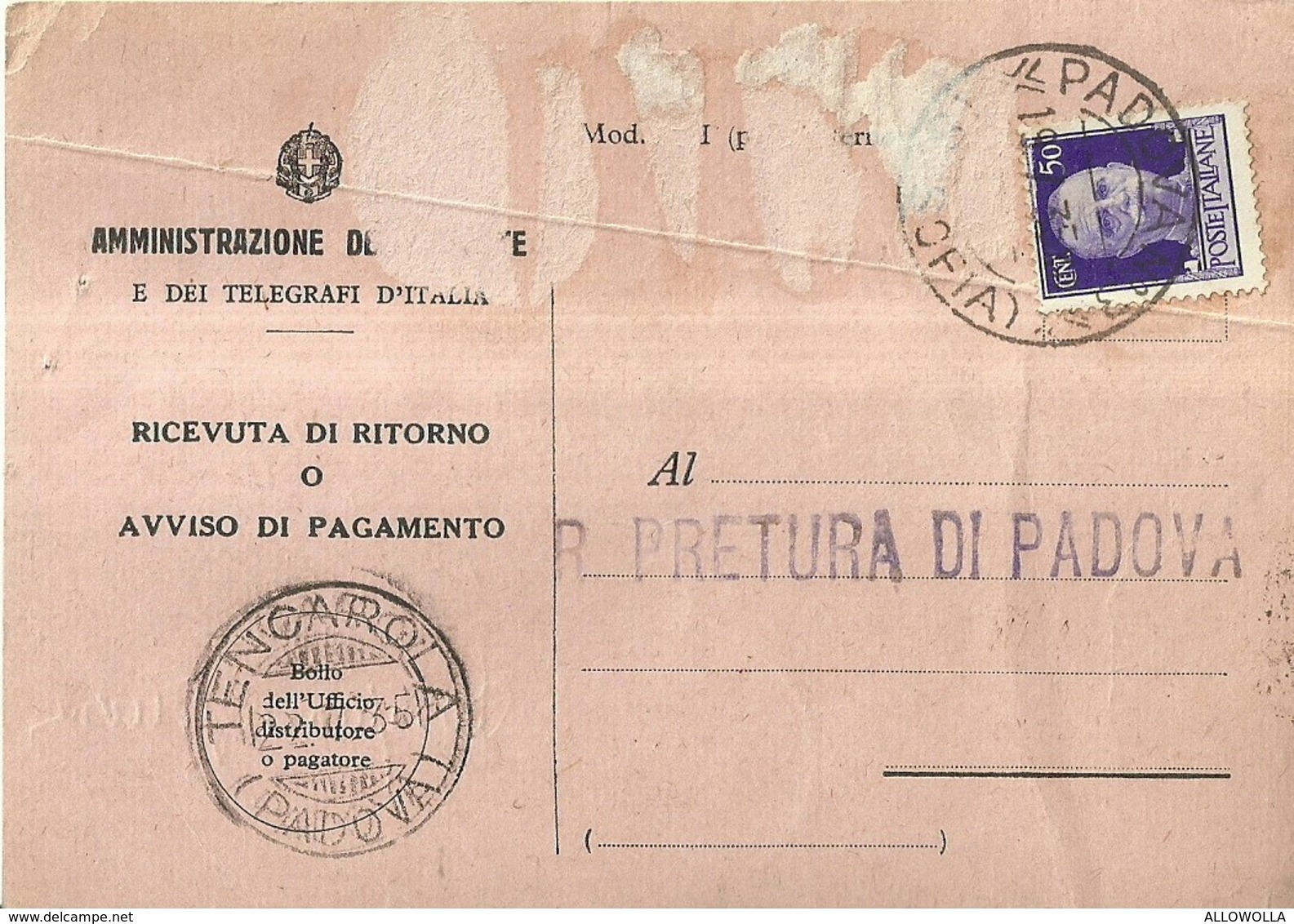 1211 " AMM. DELLE POSTE E DEI TELEGRAFI DEL REGNO D'ITALIA-RIC. DI RITORNO OD AVVISO DI PAGAMENTO " DOCUMENTO ORIGINALE - Altri & Non Classificati