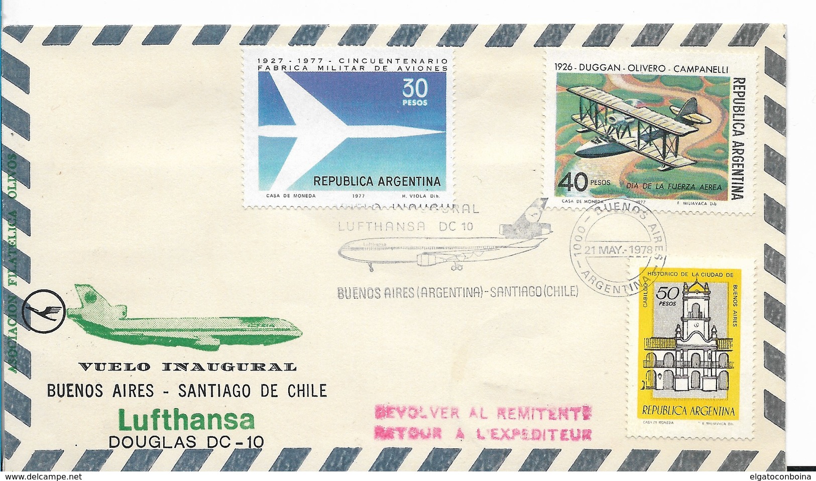 ARGENTINA 1978, AVIATION COVER INAUGURAL FLIGHT BUENOS AIRES - SANTIAGO DE CHILE LUFTHANSA DOUGLAS DC PLANE - FDC