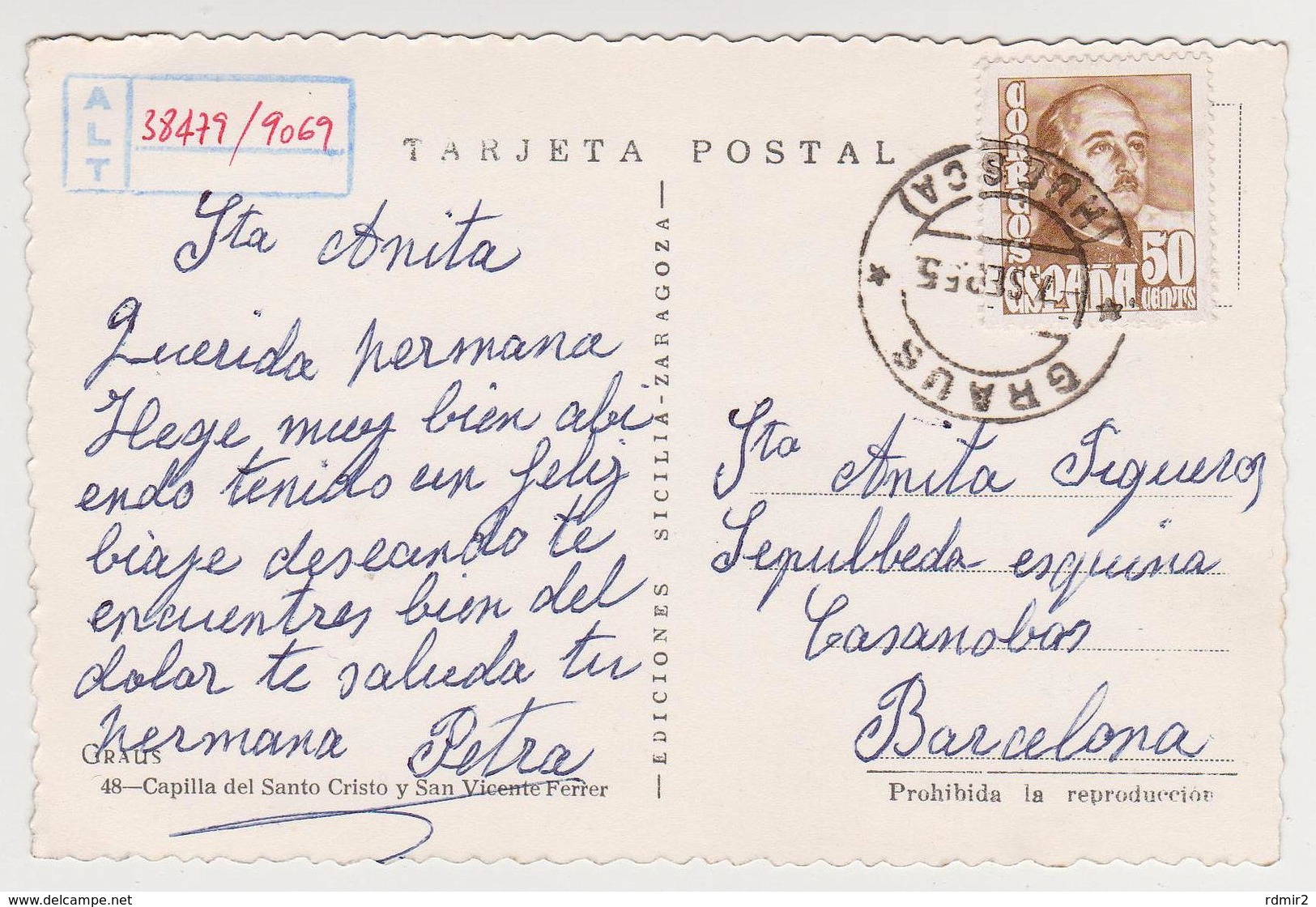 [632] GRAUS. Capilla Del Santo Cristo Y S. Vicente Ferrer.- Circulada A Barcelona En 1955 (con Sello Y Buen Matasellos). - Huesca