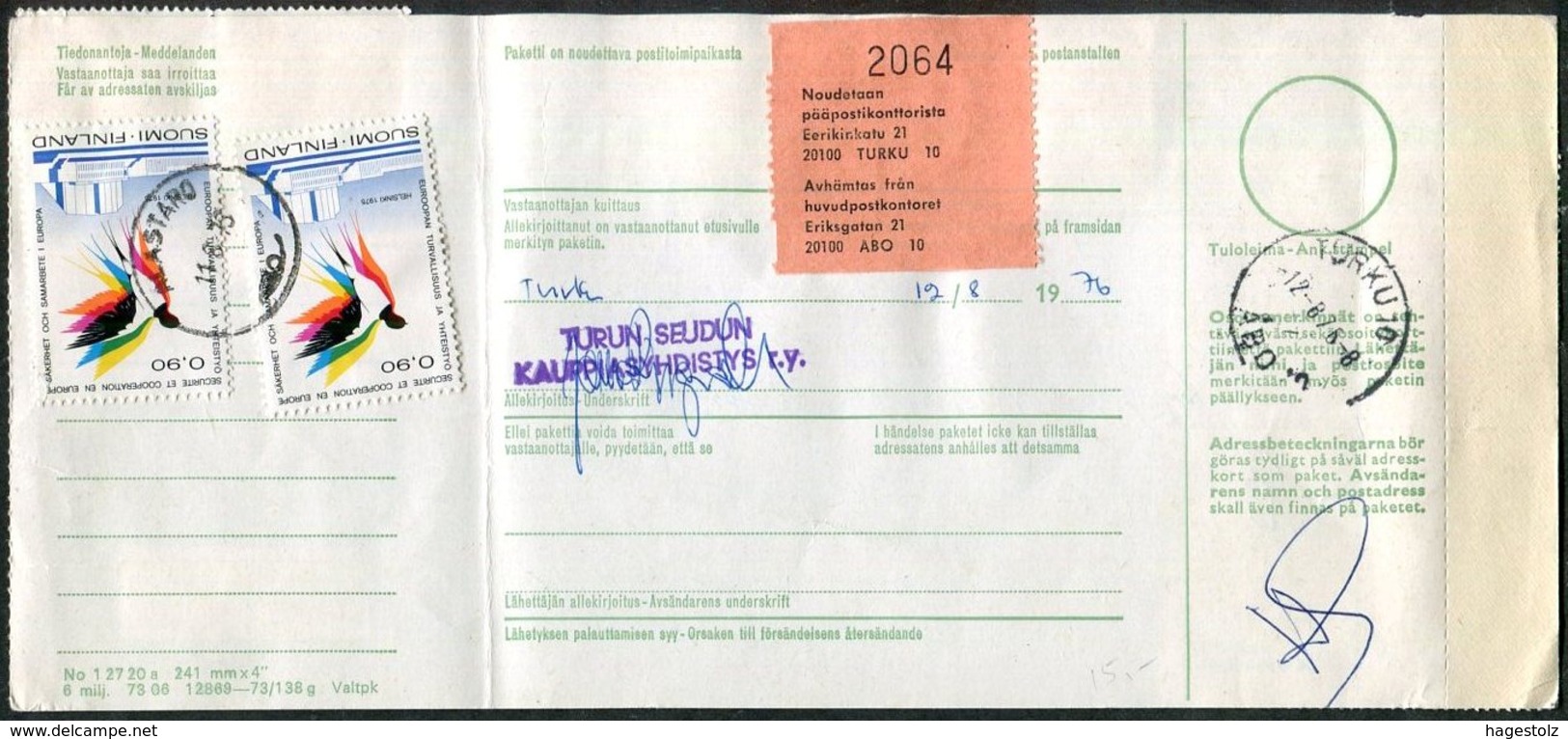 Finland 1976 Alastaro Registered Packet Parcel Card + Label Bulletin D'expédition Colis Begleitadresse Paketkarte BIRD - Parcel Post