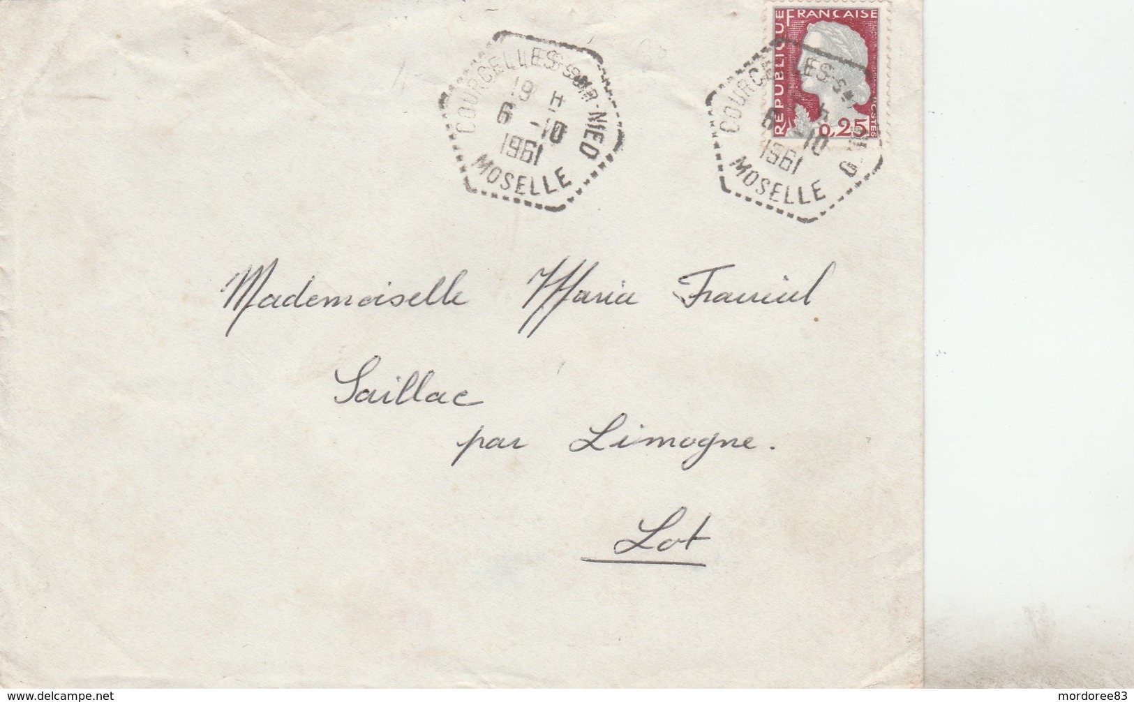 DECARIS 25C SUR LETTRE COURCELLES SUR NIED MOSELLE CAD AGENCE POSTALE 6/10/61 POUR SAILLAC - Manual Postmarks