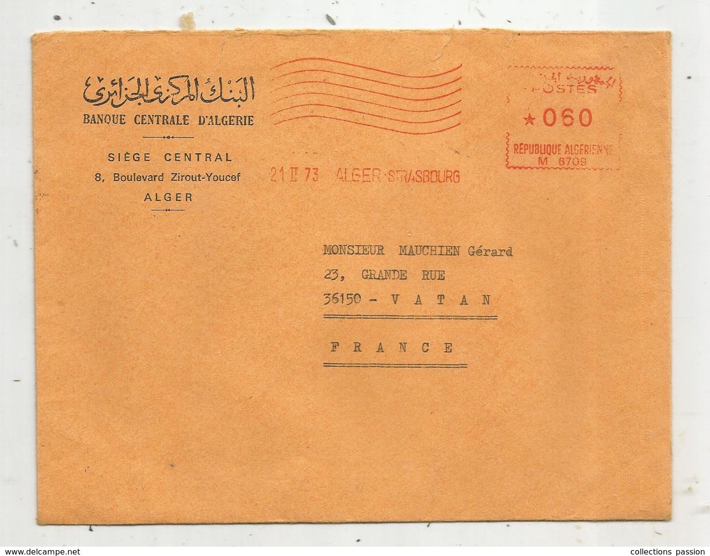 Lettre , Banque Centrale D'Algérie , Algérie , ALGER , 21 II 1973 , ALGER-STRABOURG - Algerien (1962-...)