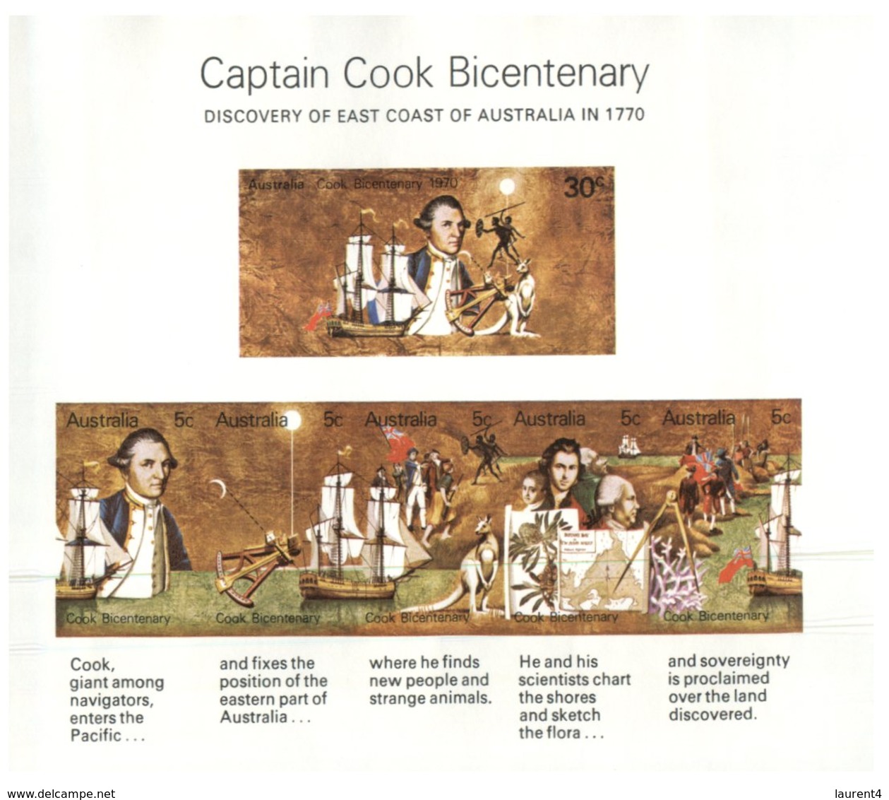 (191) Australia - Mint Mini Sheet (not Perforated) Captain Cook Bicentenary - 1970 - Mint - Abarten Und Kuriositäten