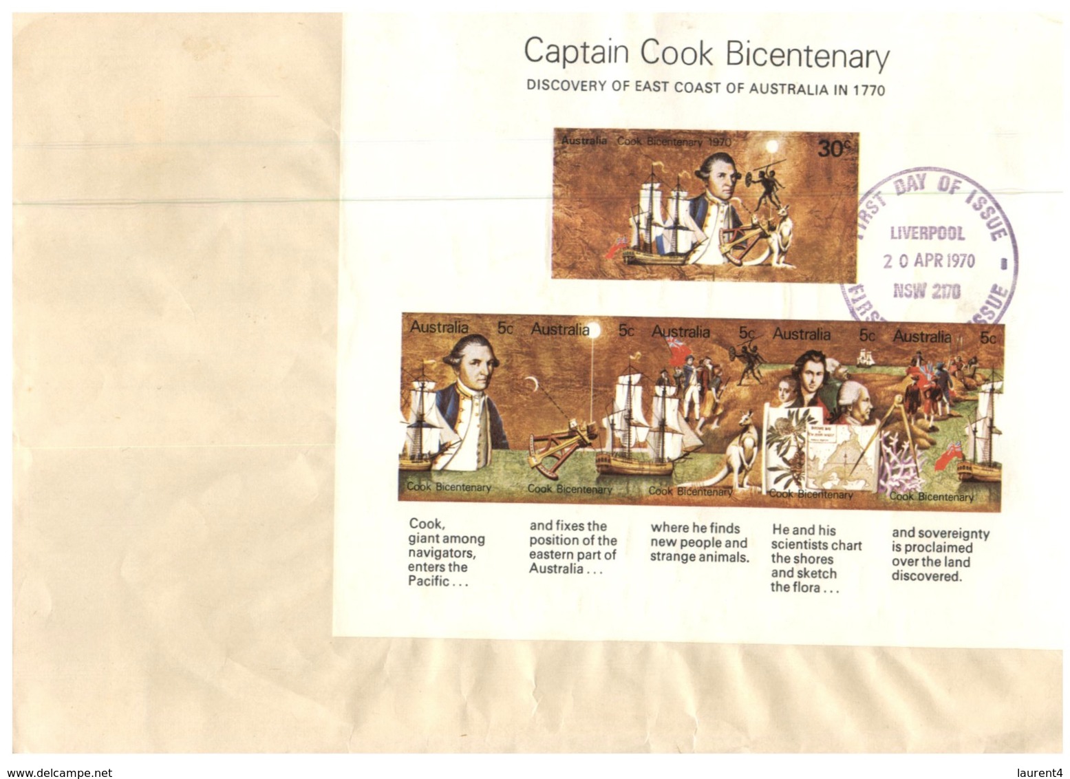 (191) Australia - Mint Mini Sheet (not Perforated) Captain Cook Bicentenary - 1970 - As FDC Liverpool Postmark - Errors, Freaks & Oddities (EFO)