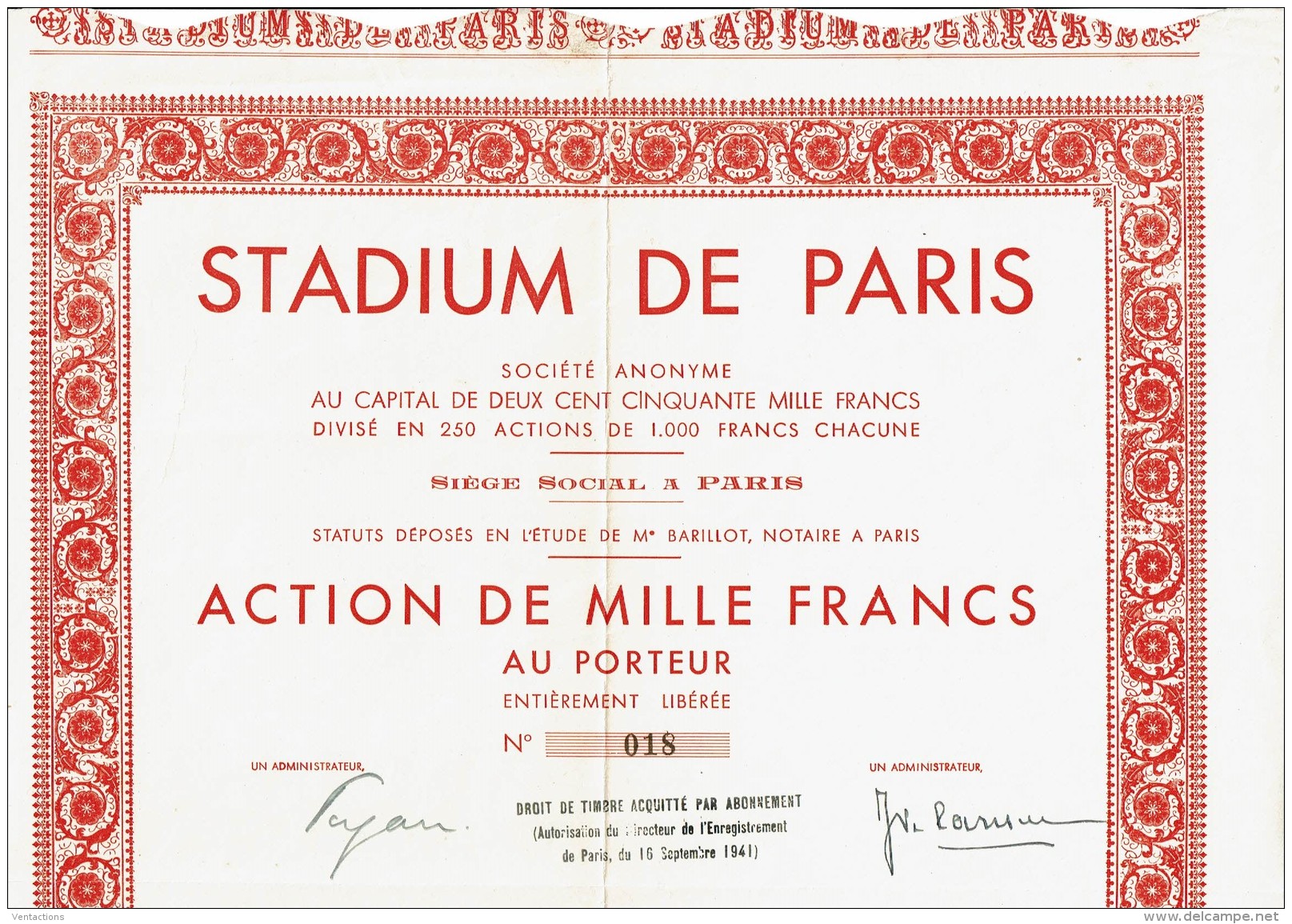 75-STADIUM DE PARIS. Action 1941 Couleur Rouge - Autres & Non Classés