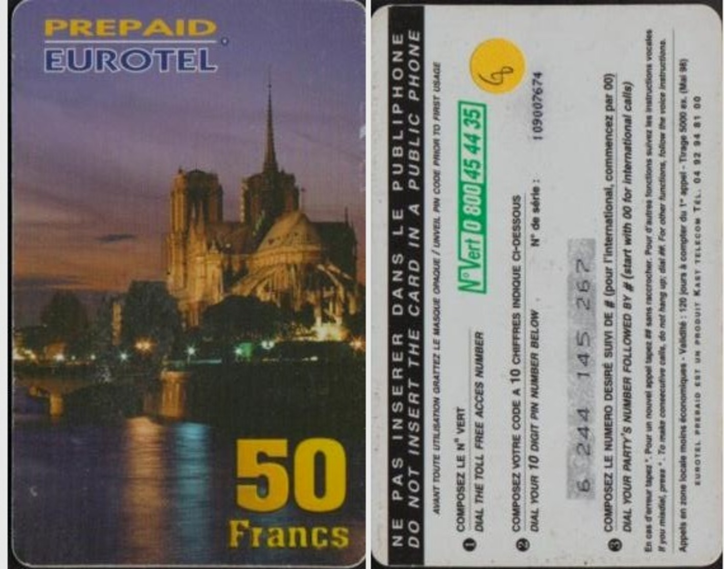 EUROTEL PU8 NOTRE DAME De PARIS 50 F TELECARTE PREPAYEE TIR 5000 - Autres & Non Classés