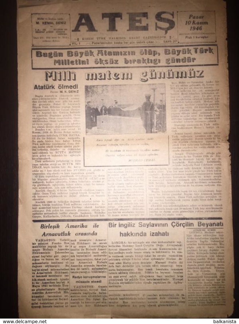 Cyprus Nicosia Lefkosa - Turkish Newspaper Ates 10 November 1946 - Culture