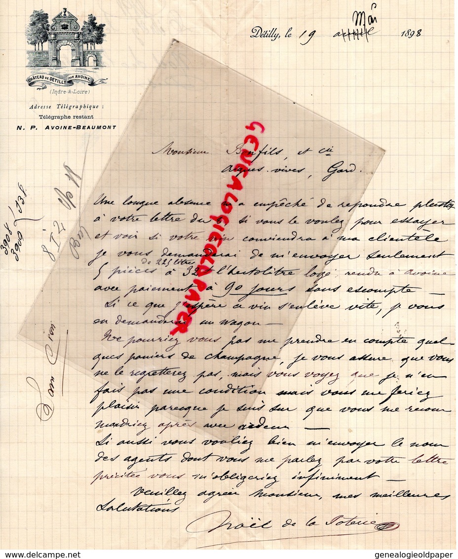 37- AVOINE BEAUMONT- RARE LETTRE MANUSCRITE SIGNEE NOEL DE LA POTERIE-CHATEAU DE DETILLY -1898 - 1800 – 1899