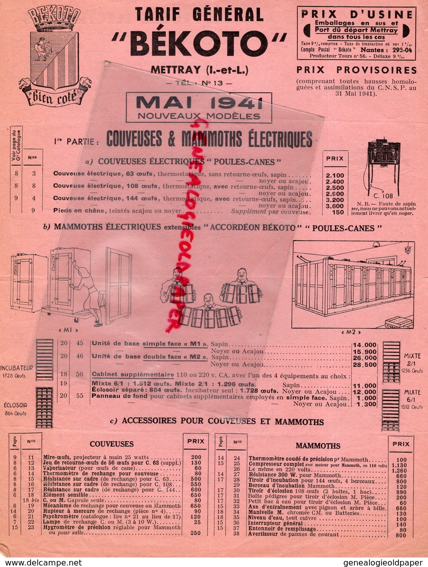 37- METTRAY- RARE TARIF GENERAL BEKOTO-MAI 1941- COUVEUSES MAMMOTHS ELECTRIQUES- POULES CANES- - Petits Métiers