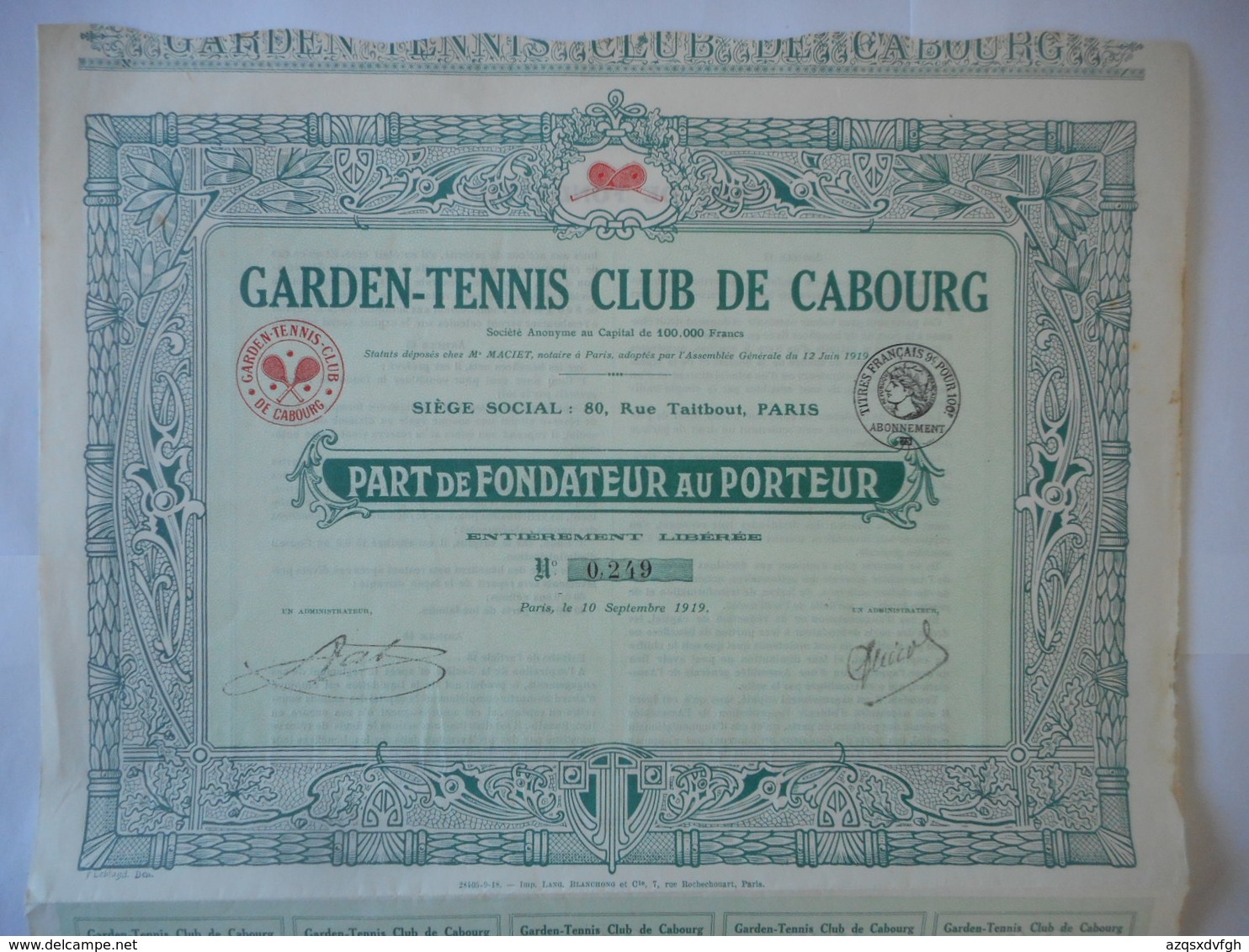 GARDEN TENNIS CLUB De CABOURG                         1919 - G - I