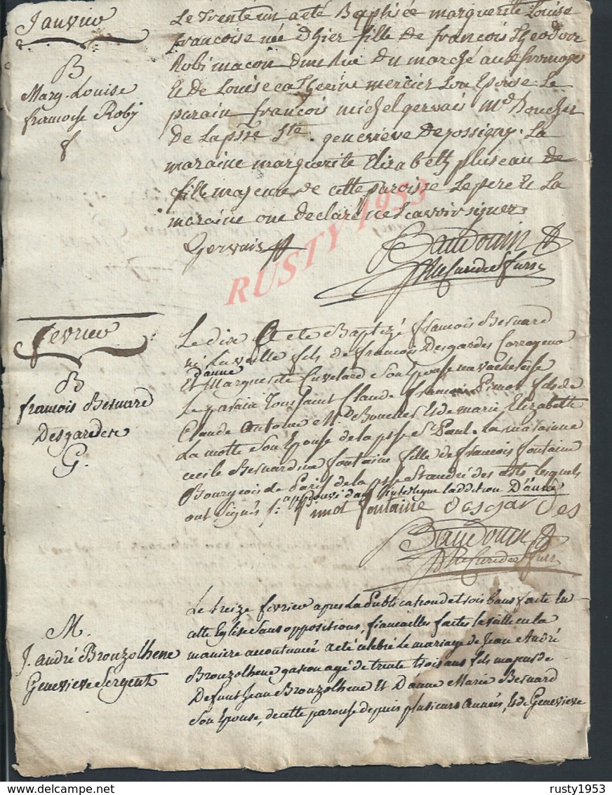 ANCIEN DOCUMENT CACHET GÉNÉRALITÉ SUR DIVERS  BAPTÉME NOM DE FAMILLE  VILLE DE LAGNY ? 4 PAGES : - Cachets Généralité