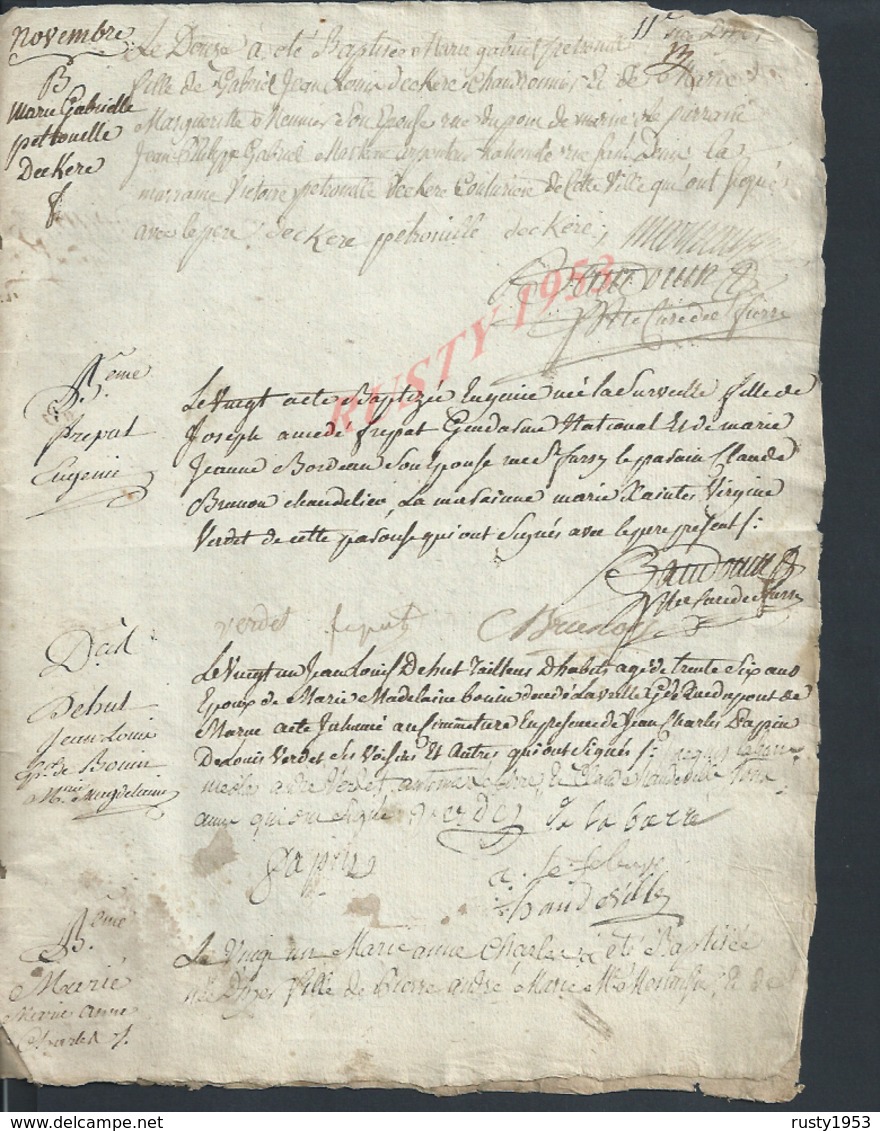 ANCIEN DOCUMENT CACHET GÉNÉRALITÉ SUR DIVERS  BAPTÉME NOM DE FAMILLE  VILLE DE LAGNY ? 4 PAGES : - Timbri Generalità