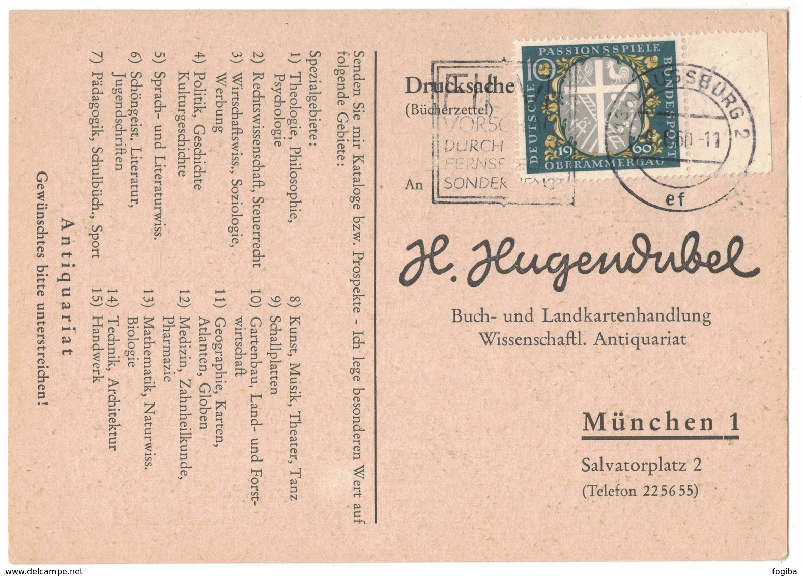 AI74    BRD 1960 - Drucksache Bücherzettel Von Augsburg Nach München Mi.329 - Storia Postale