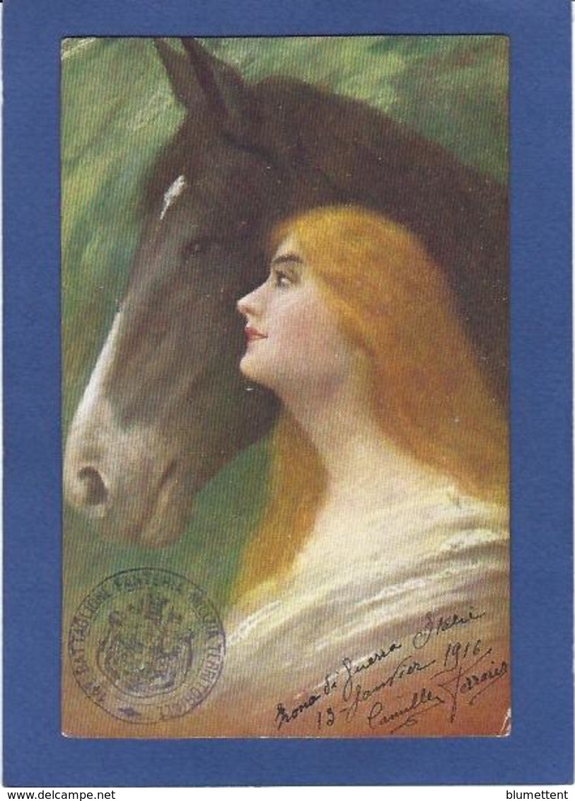 CPA Cheval Chevaux Femme Girl Women Illustrateur Circulé Cachets Marcophilie - Horses