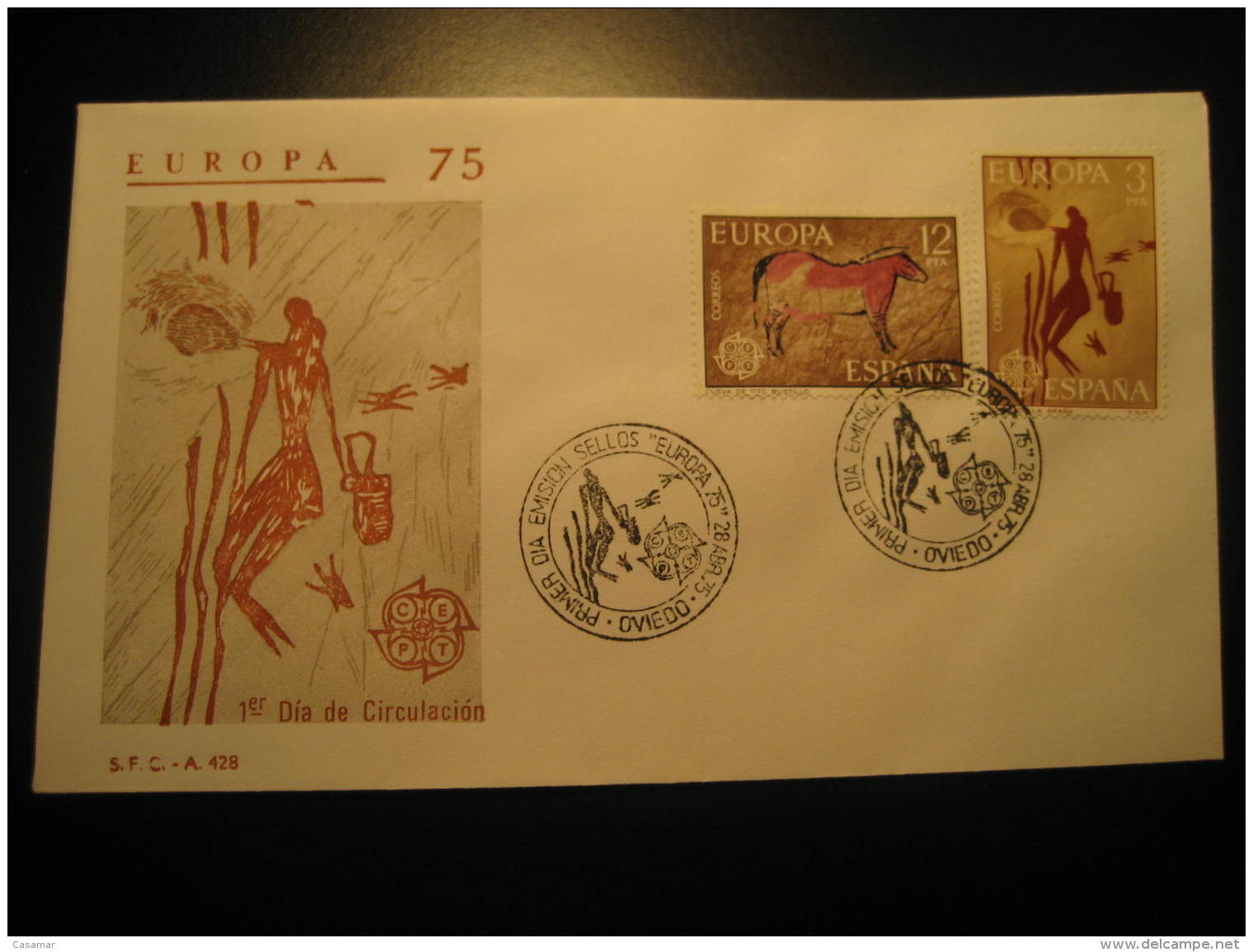 Oviedo Asturias 1975 Prehistoric Paintings Caving Rock Cave Paint Painting Prehistory Europa CEPT Fdc Cancel Cover Spain - Préhistoire