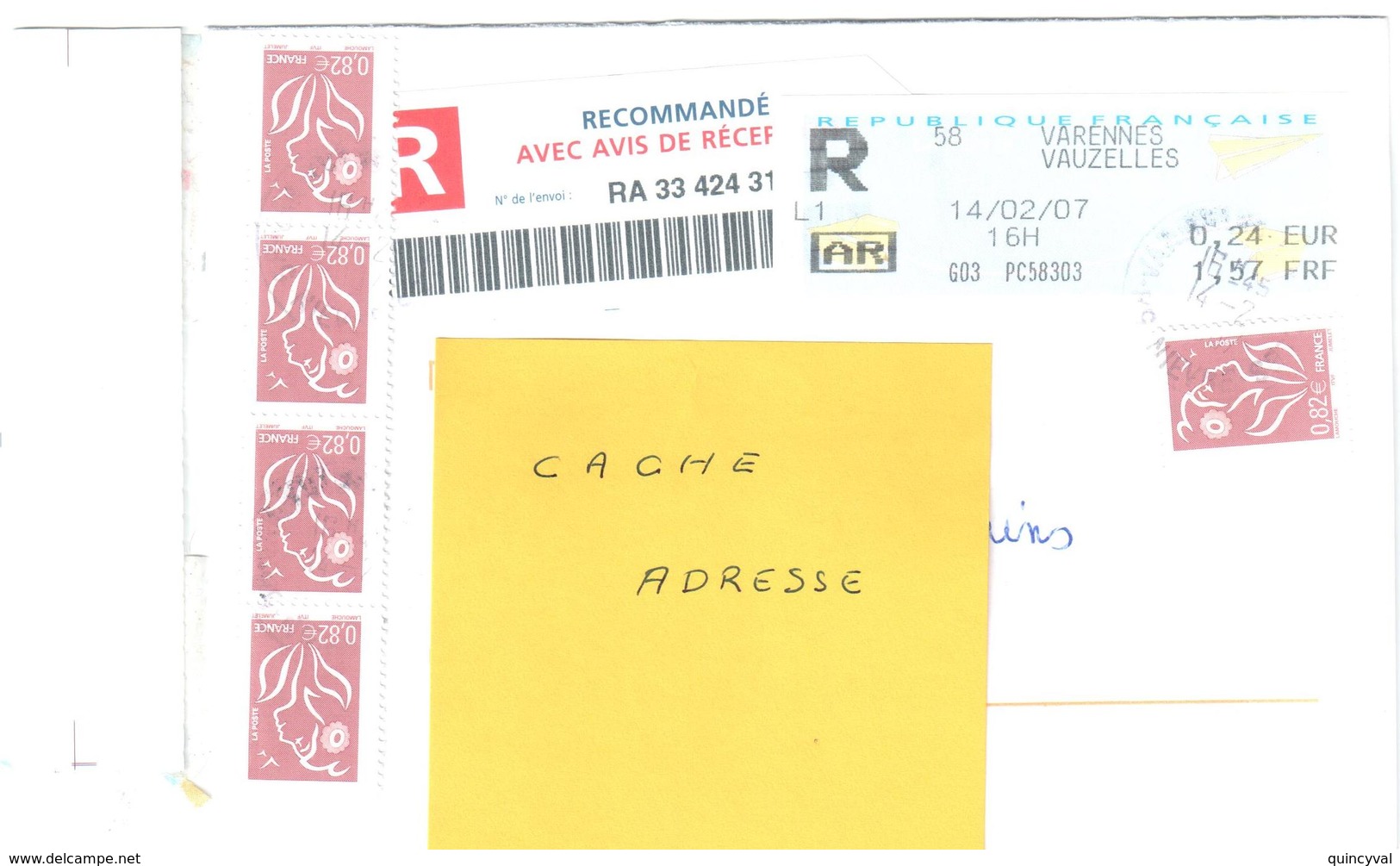 VAUZELLES Nièvre 58 Mettre Recommandé Avec AR 0,82 € Yv 3757 Complément 0,24 € Etiquette De Guichet Ave R Et AR - Lettres & Documents