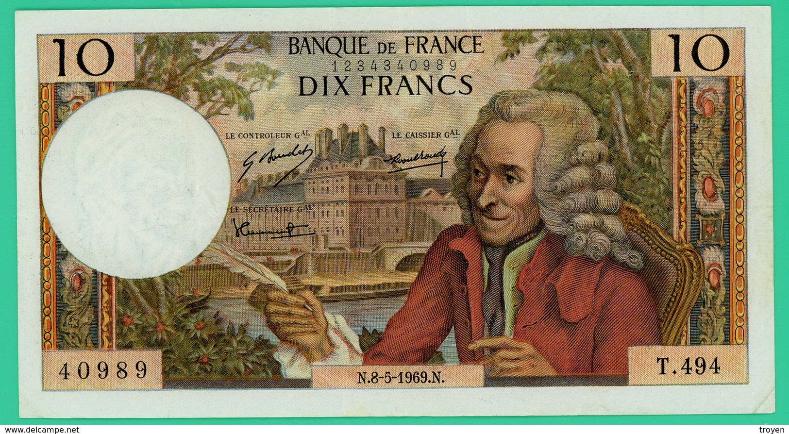 10 Francs - France -  Voltaire - N° T.494 40989 / N.8-5-1969.N. - TTB+ - - 10 F 1963-1973 ''Voltaire''