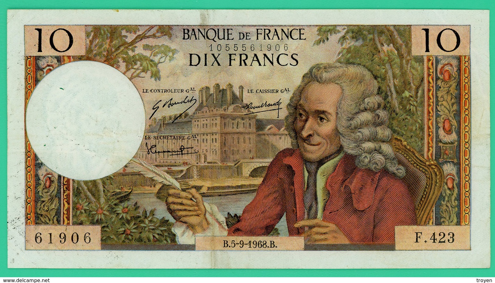 10 Francs - France -  Voltaire - N° F.423 61906 / B.5-9-1968.B.. - TTB - - 10 F 1963-1973 ''Voltaire''