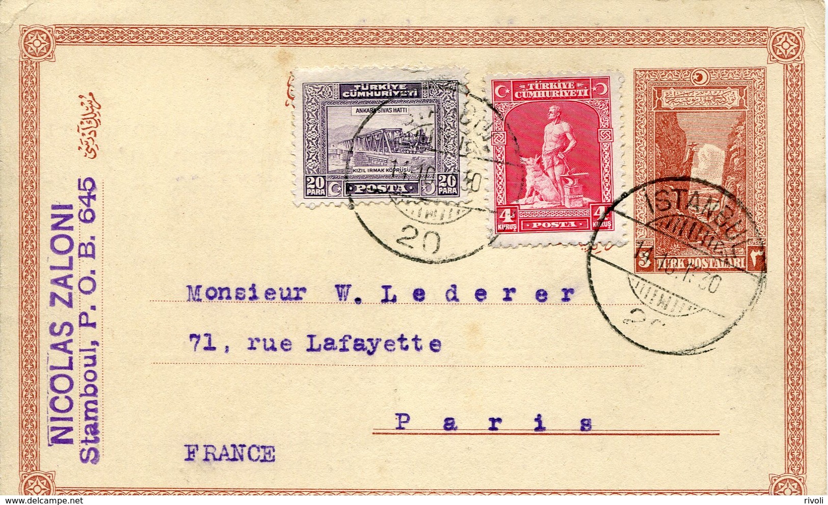 TURQUIE, 14-10-1930 Entier Postal Oblitéré ISTANBOUL Pour PARIS - Storia Postale