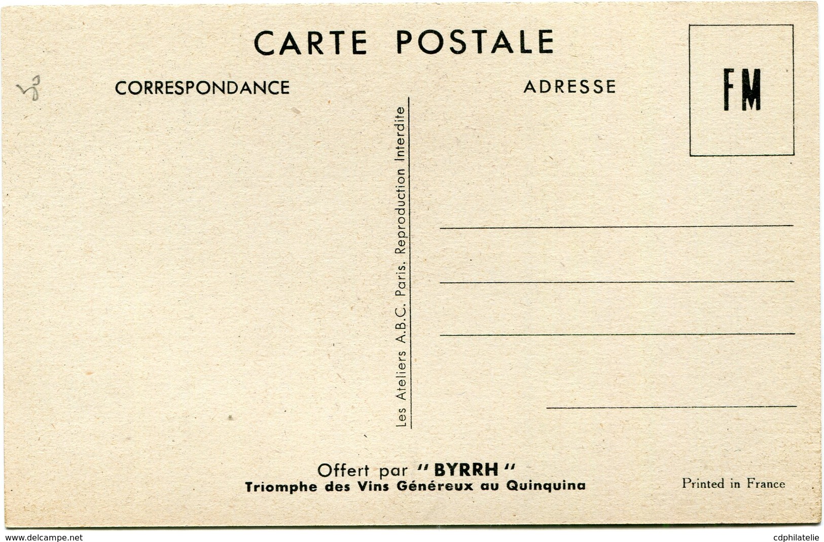 FRANCE CARTE DE FRANCHISE MILITAIRE NEUVE OFFERTE PAR " BYRRH " - Lettres & Documents