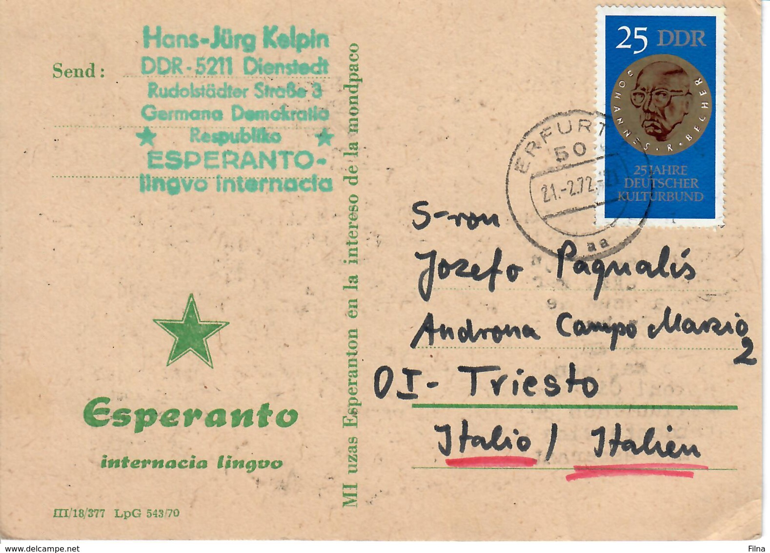 ESPERANTO - CARTOLINA POSTALE VIAGGIATA  DA DDR A ITALIA (TRIESTE) CON TIMBRO ESPERANTO - Esperanto