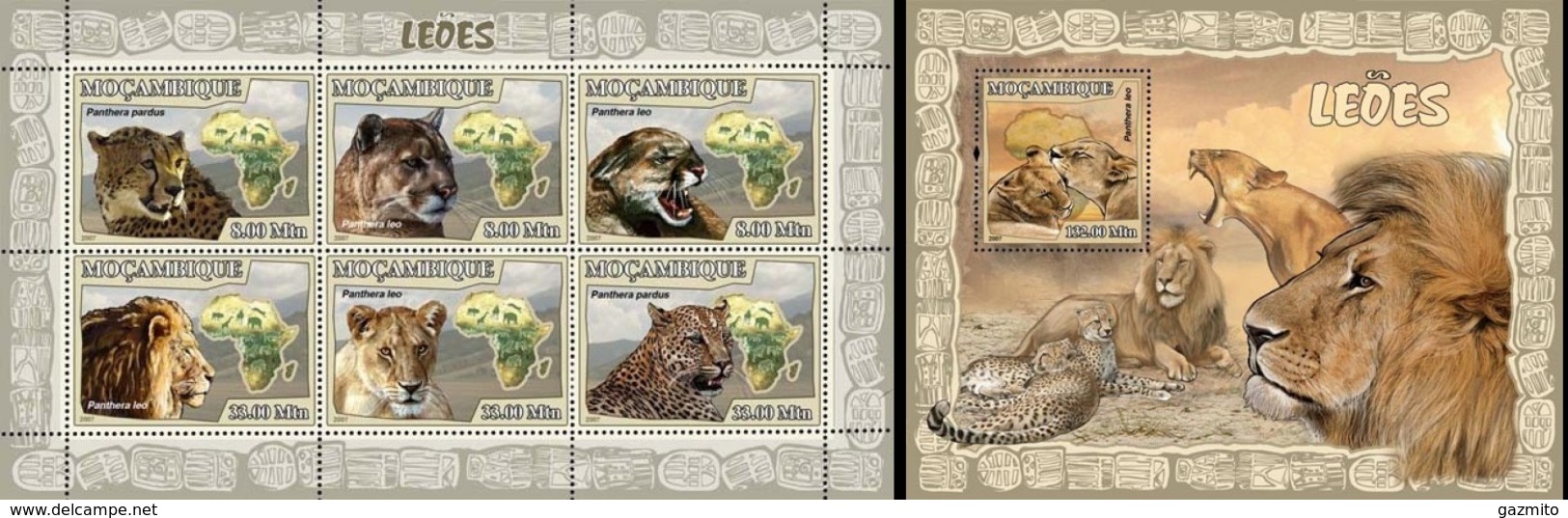 Mozambico 2007, Animals, Lions, 6val In BF +BF - Raubkatzen