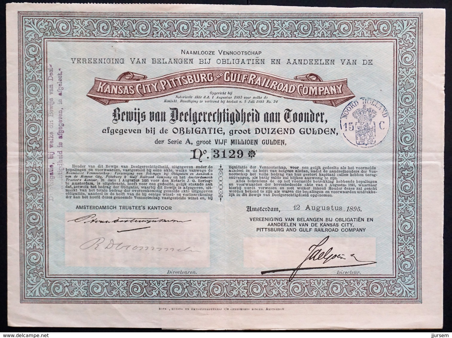 USA - Kansas City, Pittsburg And Gulf Railroad Company - 1895 - Dutch Certificate - Autres & Non Classés