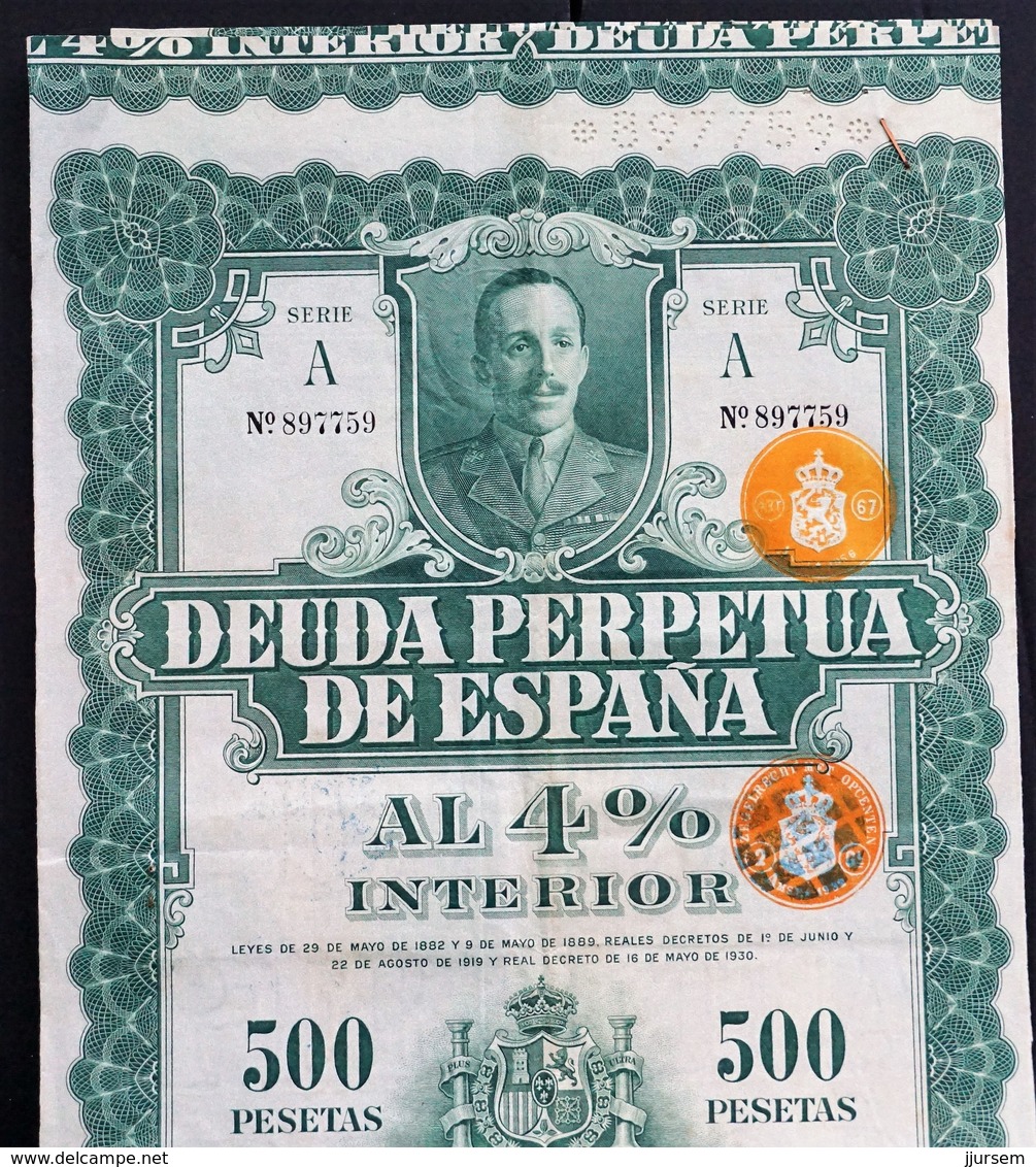Spain - State Of Spain - 1930 - 4% Bond For 500 Pesetas -RARE- - Autres & Non Classés