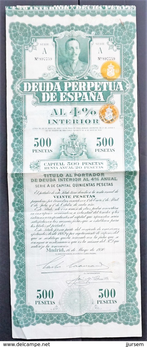 Spain - State Of Spain - 1930 - 4% Bond For 500 Pesetas -RARE- - Autres & Non Classés