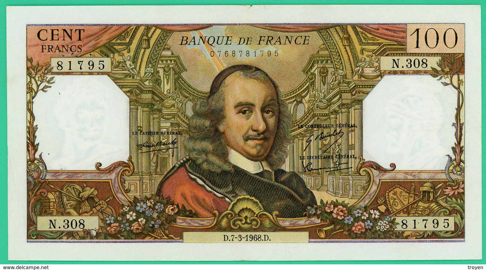 100 Francs - France -  Corneille - N° N.308 81795 / D.7-3-1968.D. .- Sup - - 100 F 1964-1979 ''Corneille''