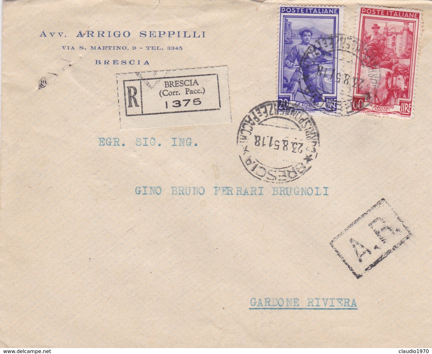 BUSTA VIAGGIATA RACCOMANDATA - AVV. ARRIGO SEPPILLI - BRESCIA - 1946-60: Storia Postale