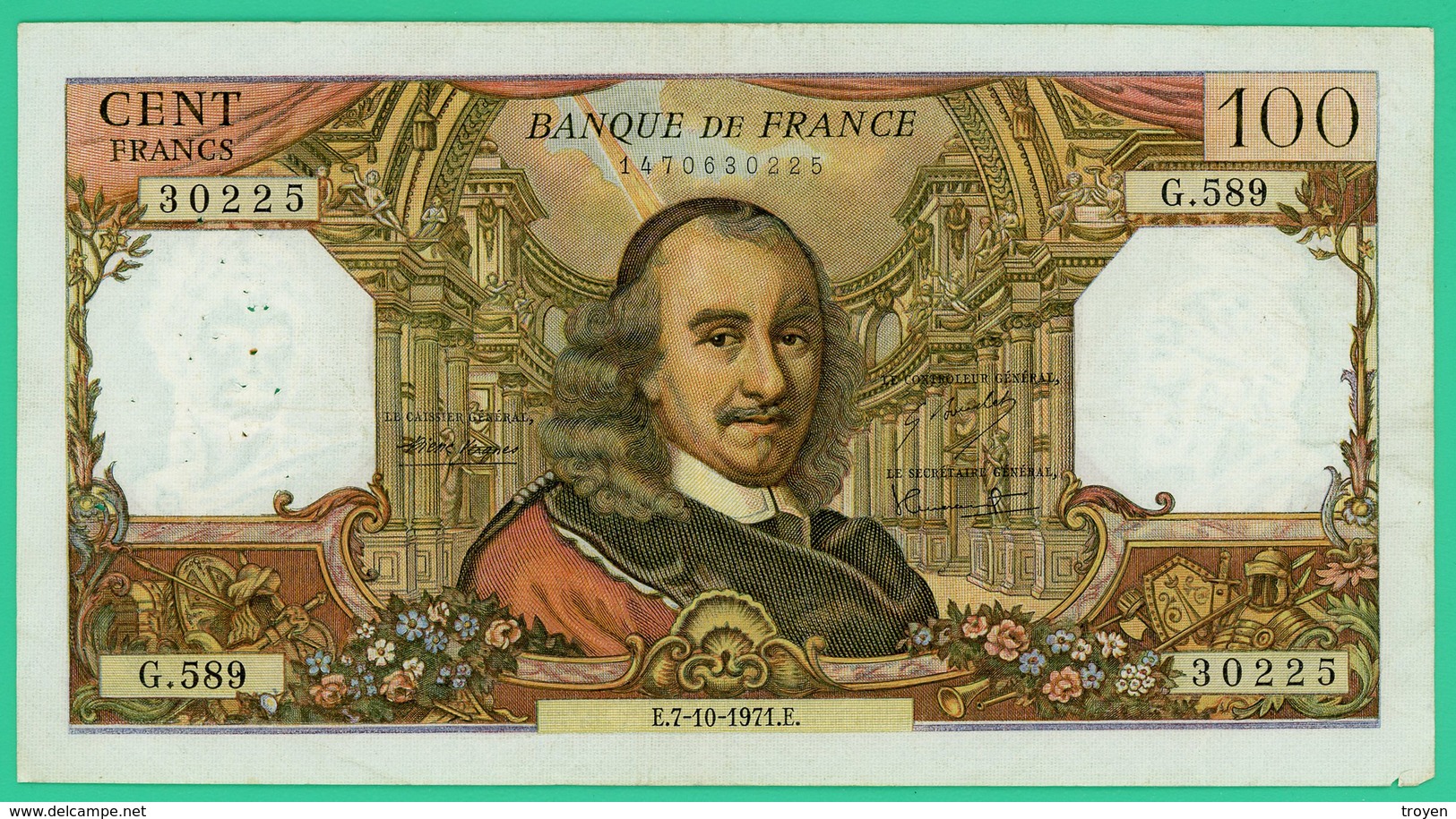 100 Francs - France -  Corneille - N° G.589 30225 / E.7-10-1971.E.  - TTB+ - - 100 F 1964-1979 ''Corneille''