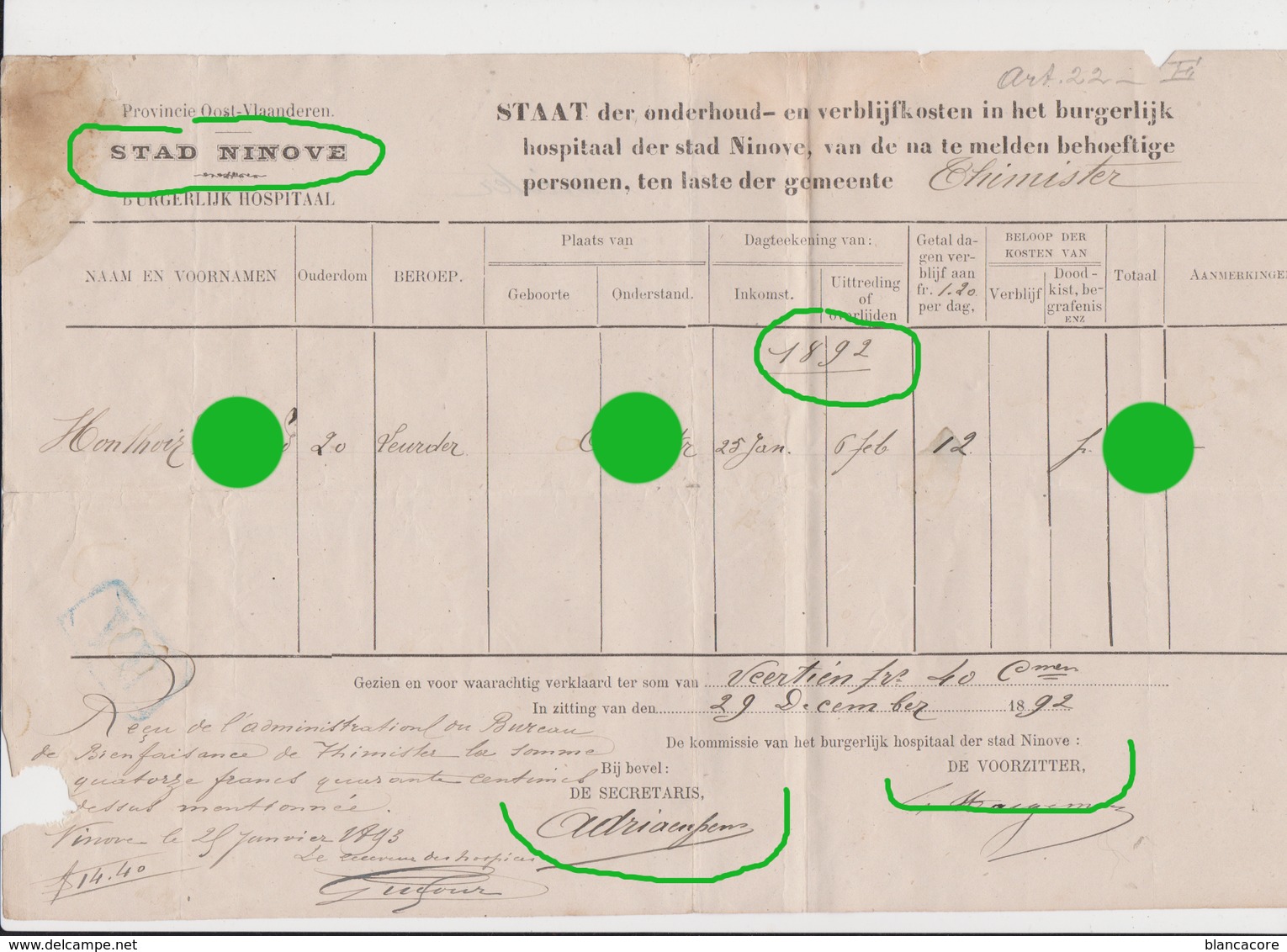 Ville De NINOVE 1892 BURGERLIJK HOSPITAAL / Document Rare - 1800 – 1899