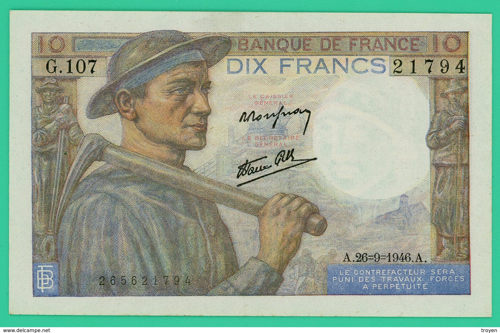 10 Francs - France -  Mineur - N° G.107 21794 / A.26=9=1946.A..   - SPL- - 10 F 1941-1949 ''Mineur''