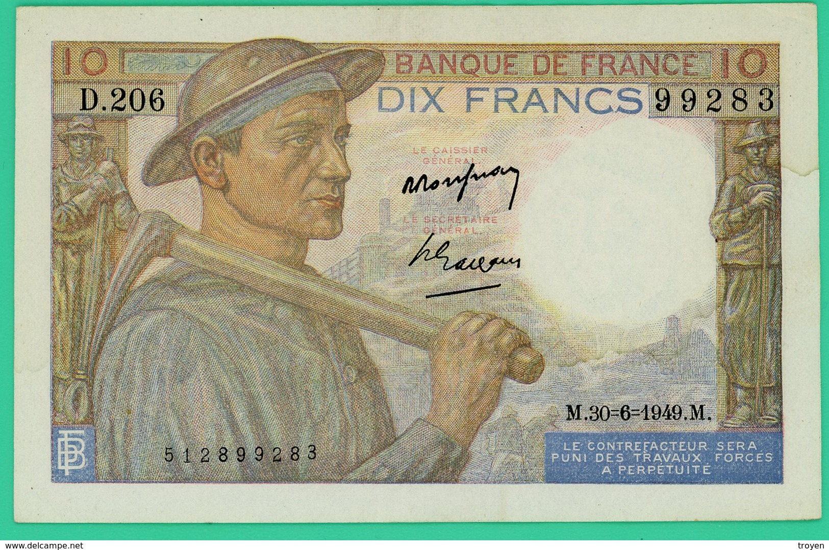 10 Francs - France -  Mineur - N° D.206 99283 / M.30=6=1949.M. - Rare . - SPL - - 10 F 1941-1949 ''Mineur''