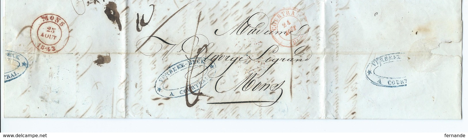 LAC De Courtray ( Courtrai ) 24 Aout 1843 Vers  MONS - 1830-1849 (Belgique Indépendante)