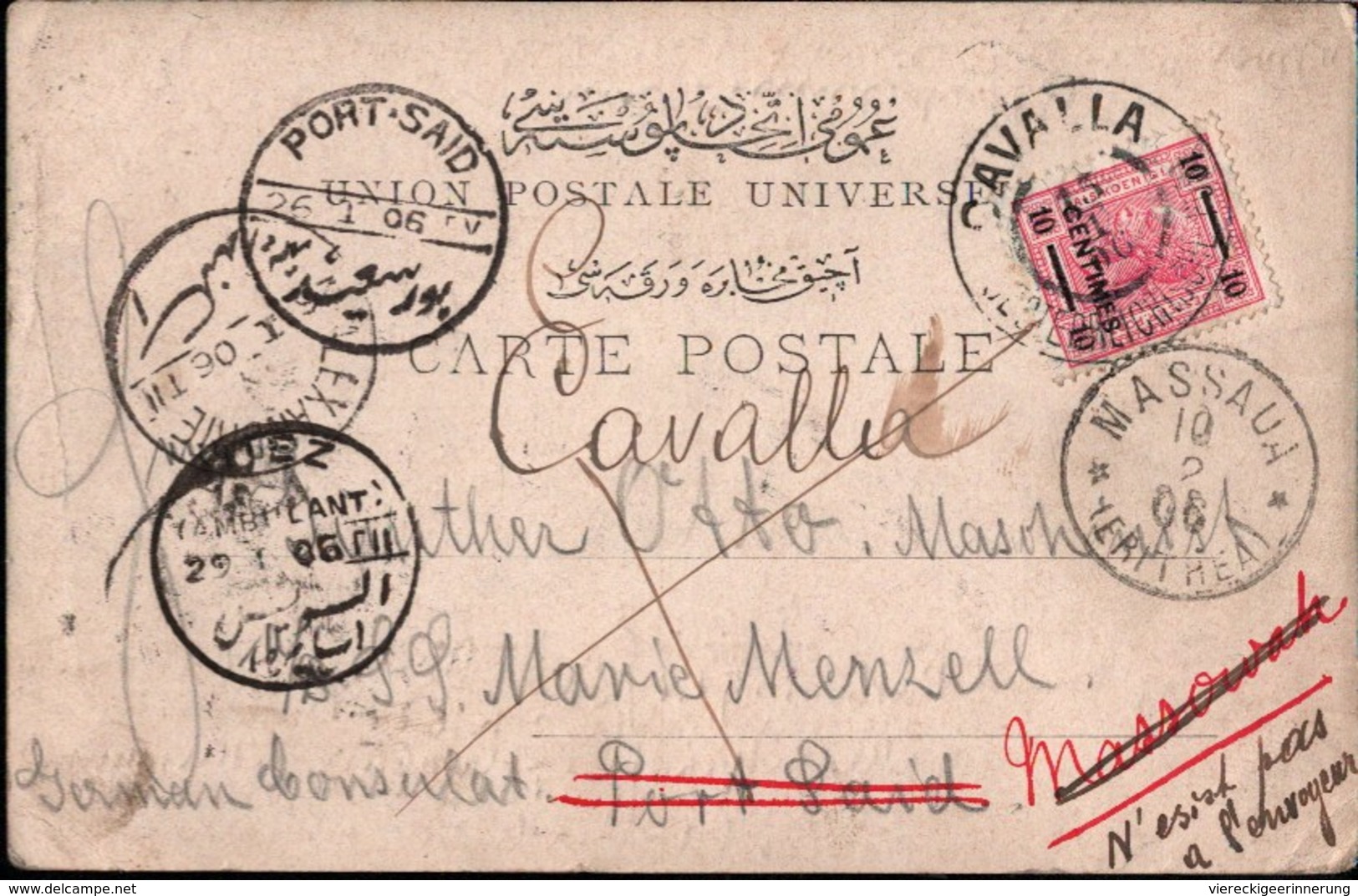 ! Alte Ansichtskarte 1906 Cavalla, Kavala, österreichisches Auslandspostamt, Ägypten, Suez, Port Said, Massaua Eritrea - Eastern Austria