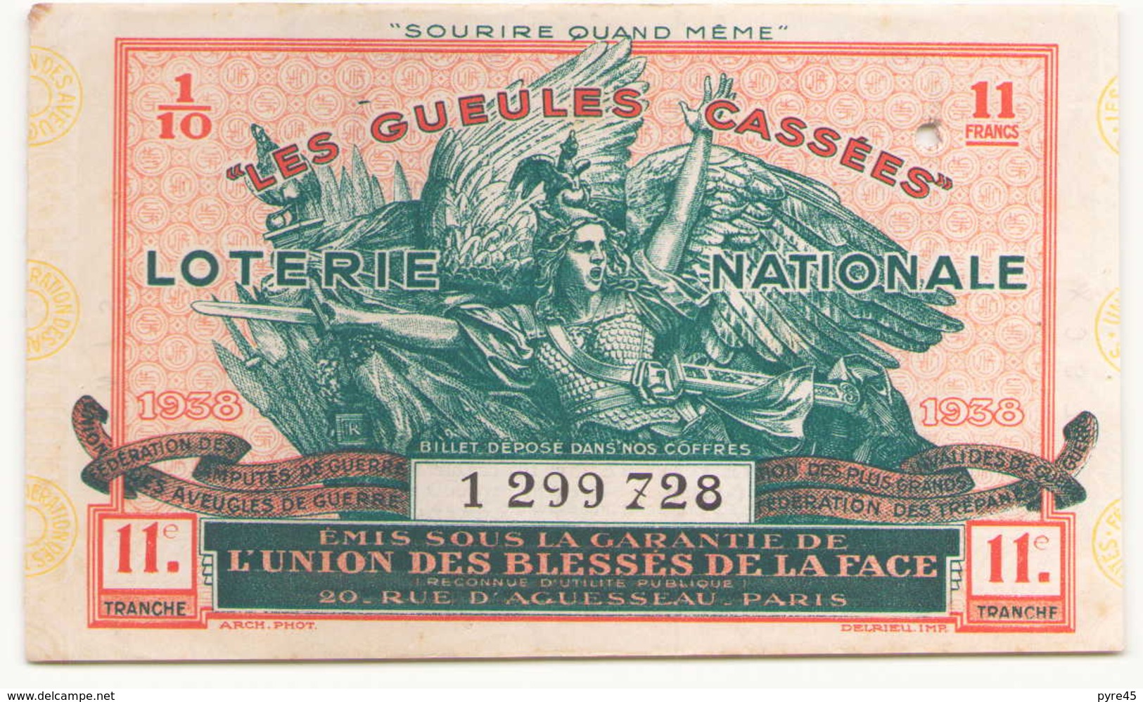 Billet De Loterie Nationale Les Gueules Cassées 1938 - Billets De Loterie