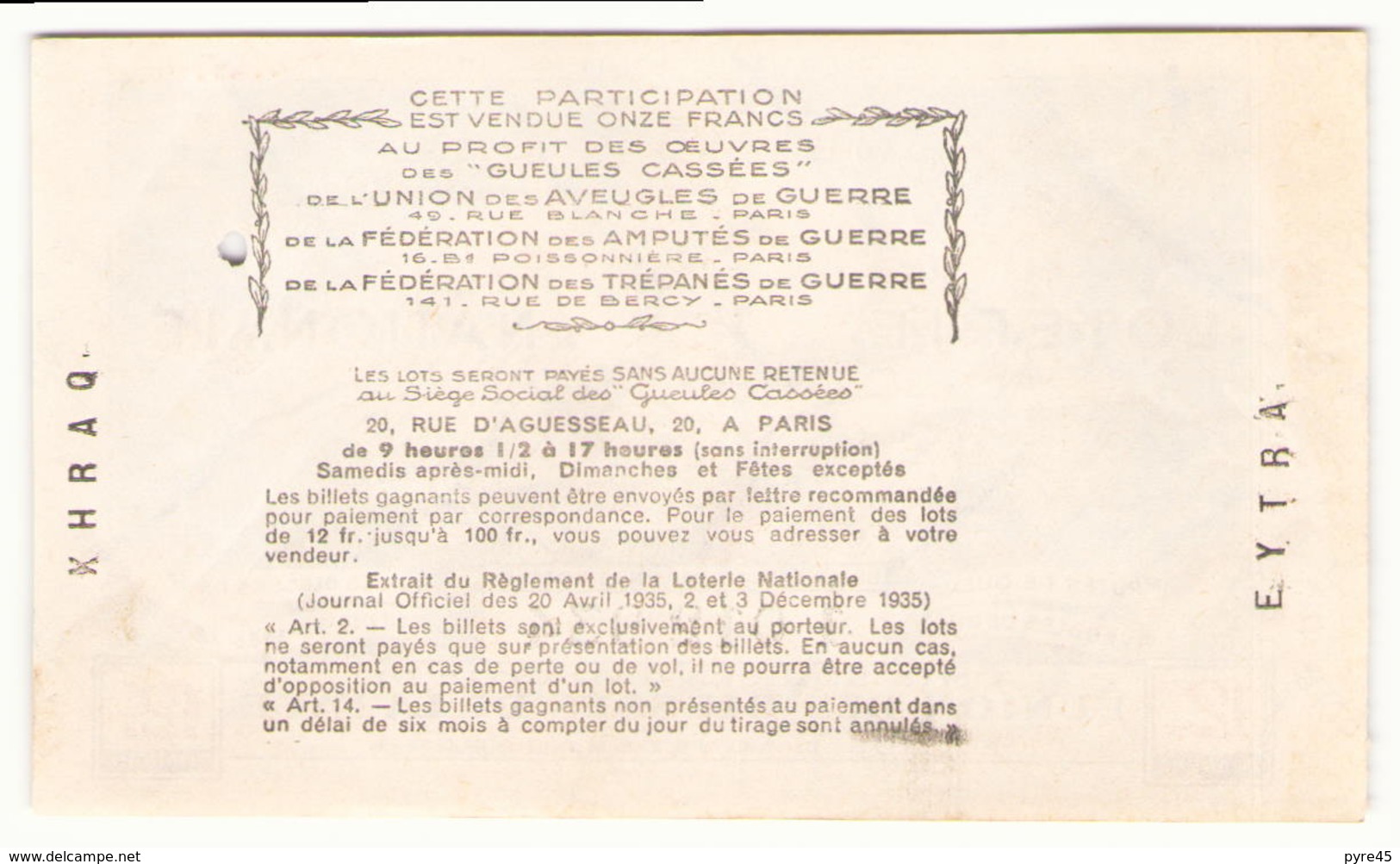 Billet De Loterie Nationale Les Gueules Cassées 1937 12 ème Tranche - Billets De Loterie