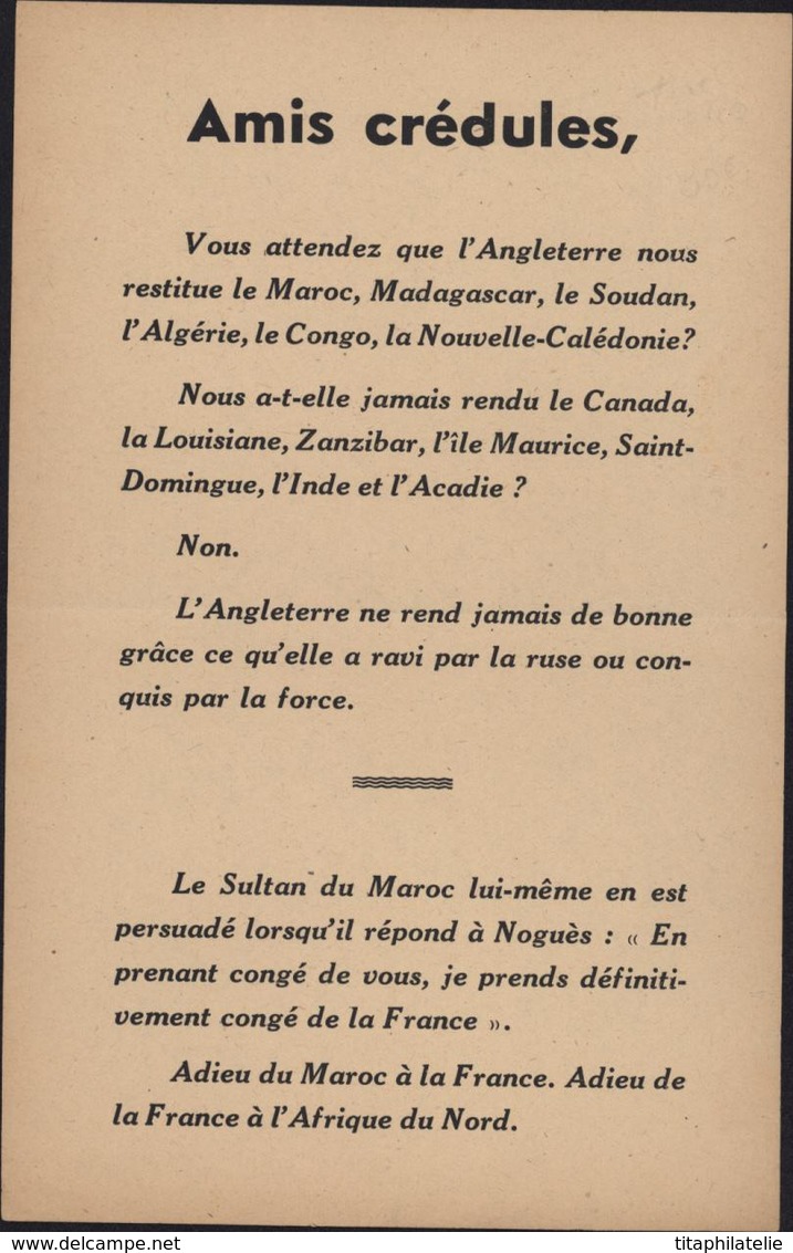 Tract Guerre 39 45 Vichyste Anti Britannique Colonies Françaises Occupées Par Anglais Madagascar Soudan Nvelle Calédonie - Guerre De 1939-45